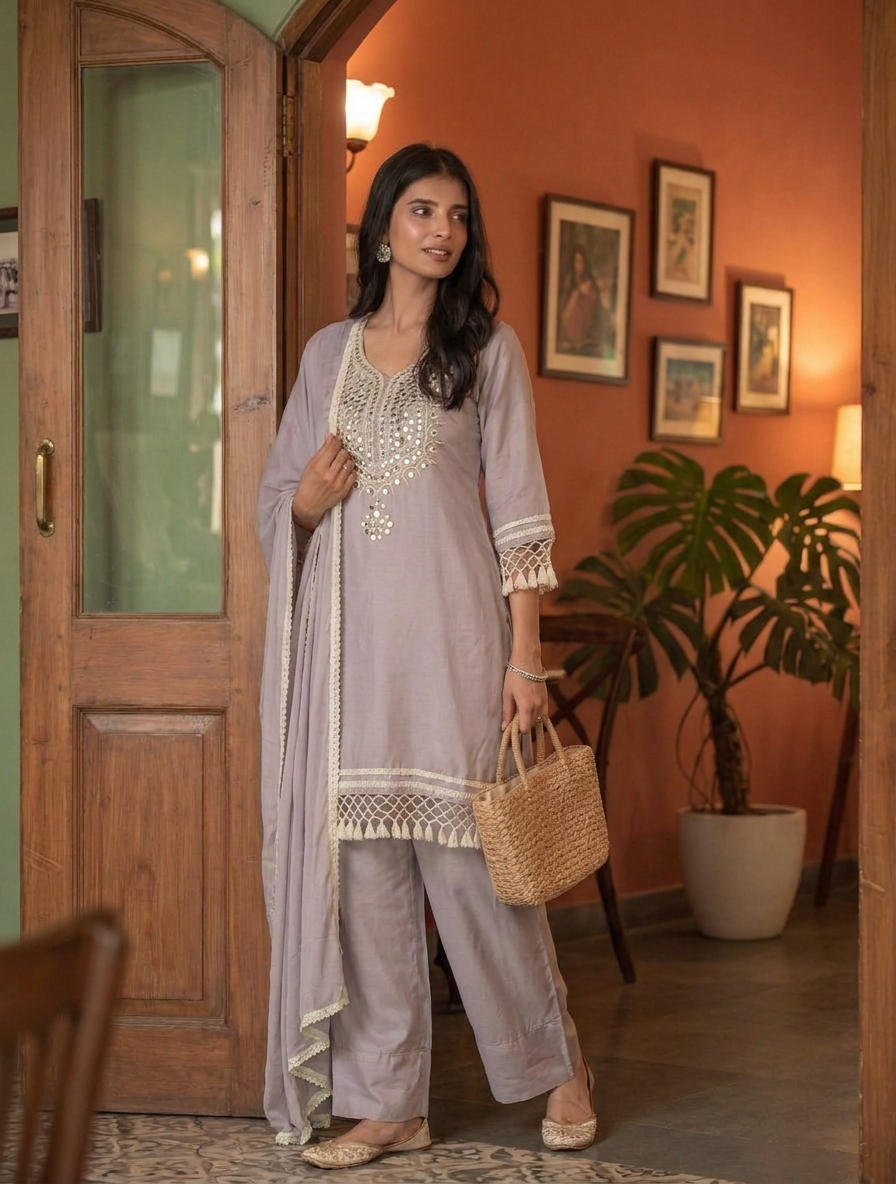Gulnaar Mul Chanderi Embroidered Lilac 3-Piece Set (Devri – D.No 13445)