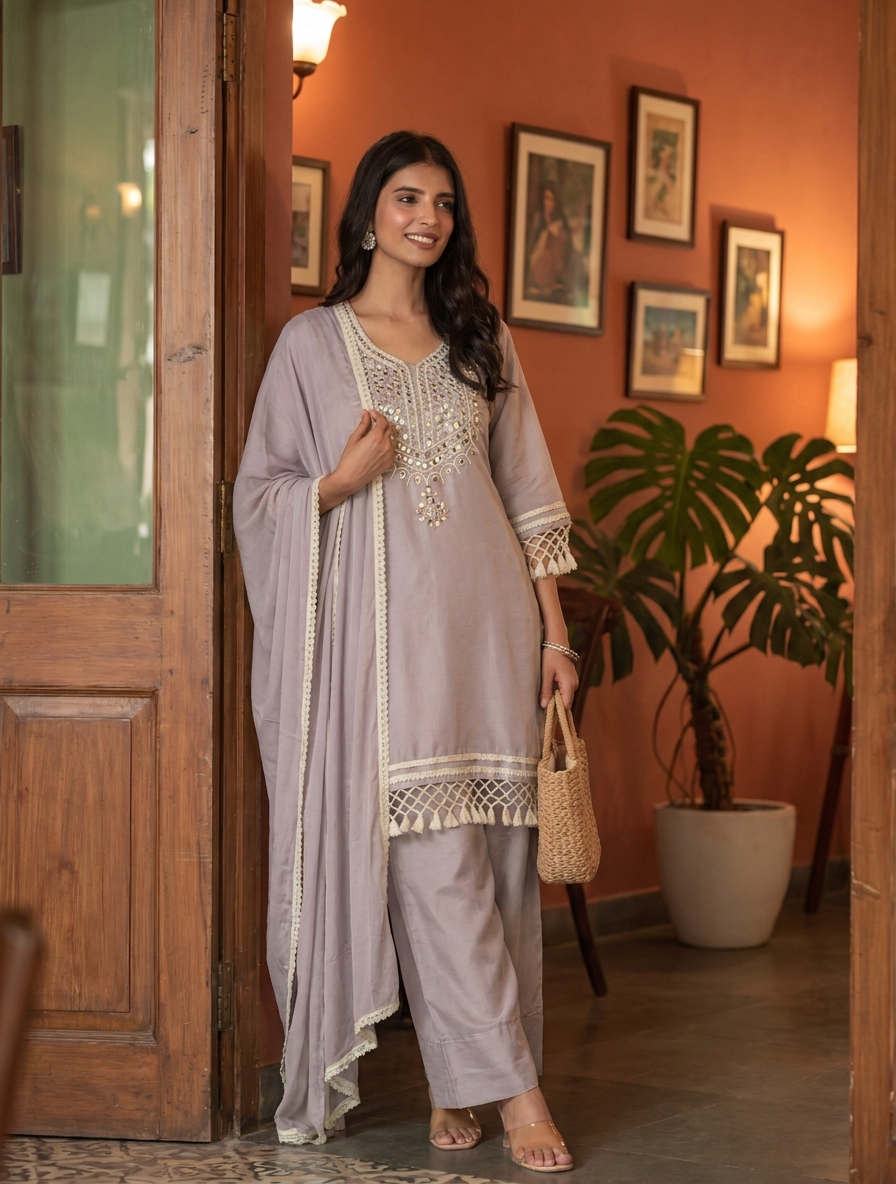 Gulnaar Mul Chanderi Embroidered Lilac 3-Piece Set (Devri – D.No 13445)