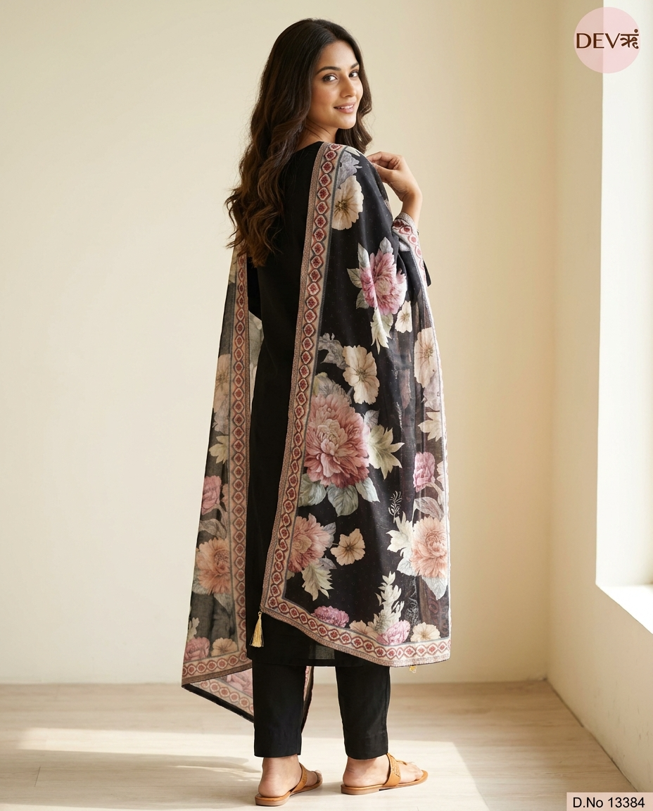 Meher Pure Mul Cotton Embroidered Black 3-Piece Set (Devri – D.No 13384)