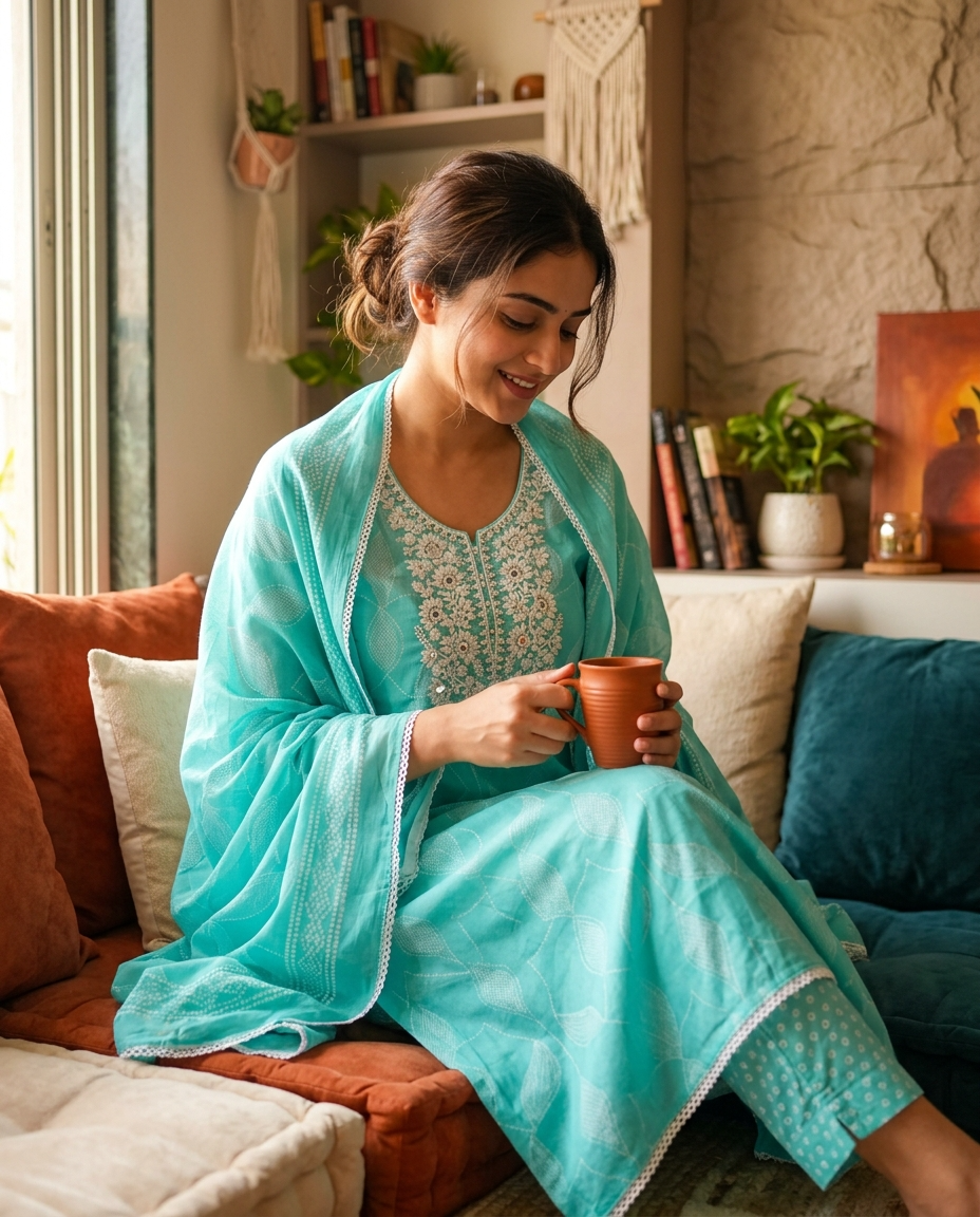 Aqua Green Cotton Embroidered Unstitched 3-Piece Suit (Devri – D.No 12585)