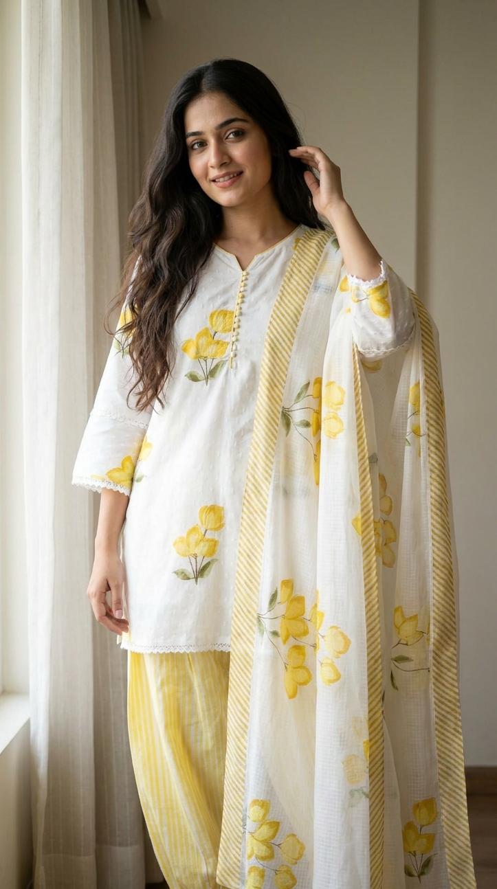 Gulnaar Pure Cotton Printed farsi salwar White 3-Piece Set (Devri – D.No 21057)