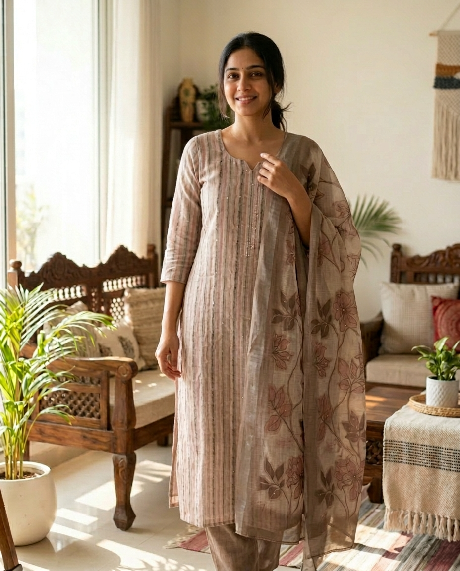 Mauve Linen Cotton Printed Unstitched 3-Piece Suit (Devri – D.No 12649)