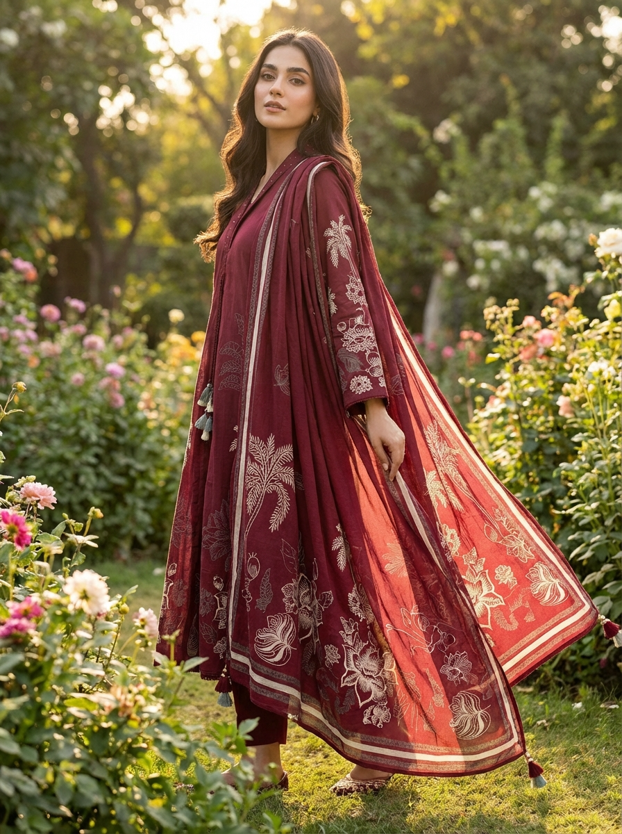 Meher Pure Cotton Printed Maroon 3-Piece Set (Devri – D.No 20067)