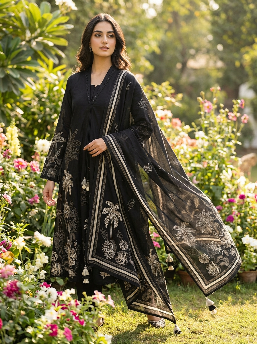 Meher Pure Cotton Printed Black 3-Piece Set (Devri – D.No 20068)
