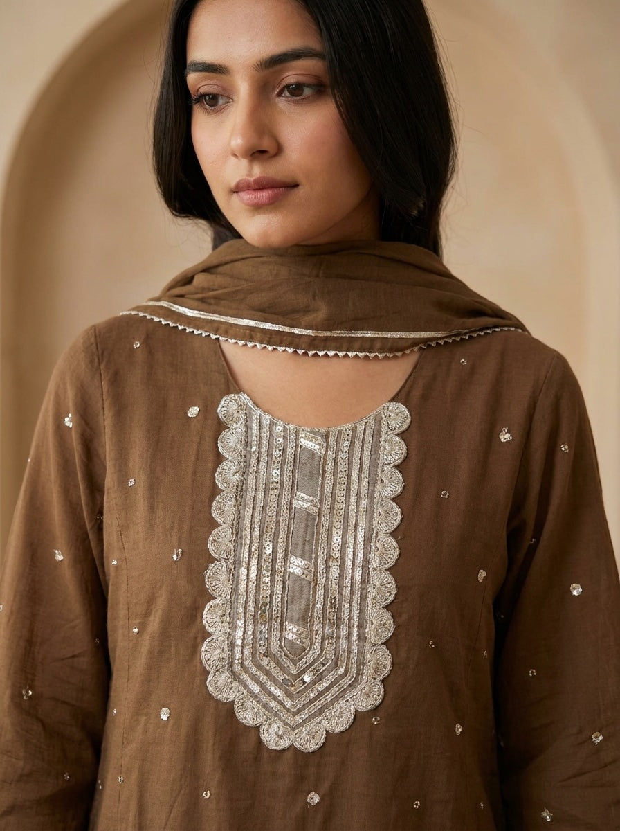 Zarmina Pure mul cotton Embroidered Brown 3-Piece Set (Devri – D.No 21188)