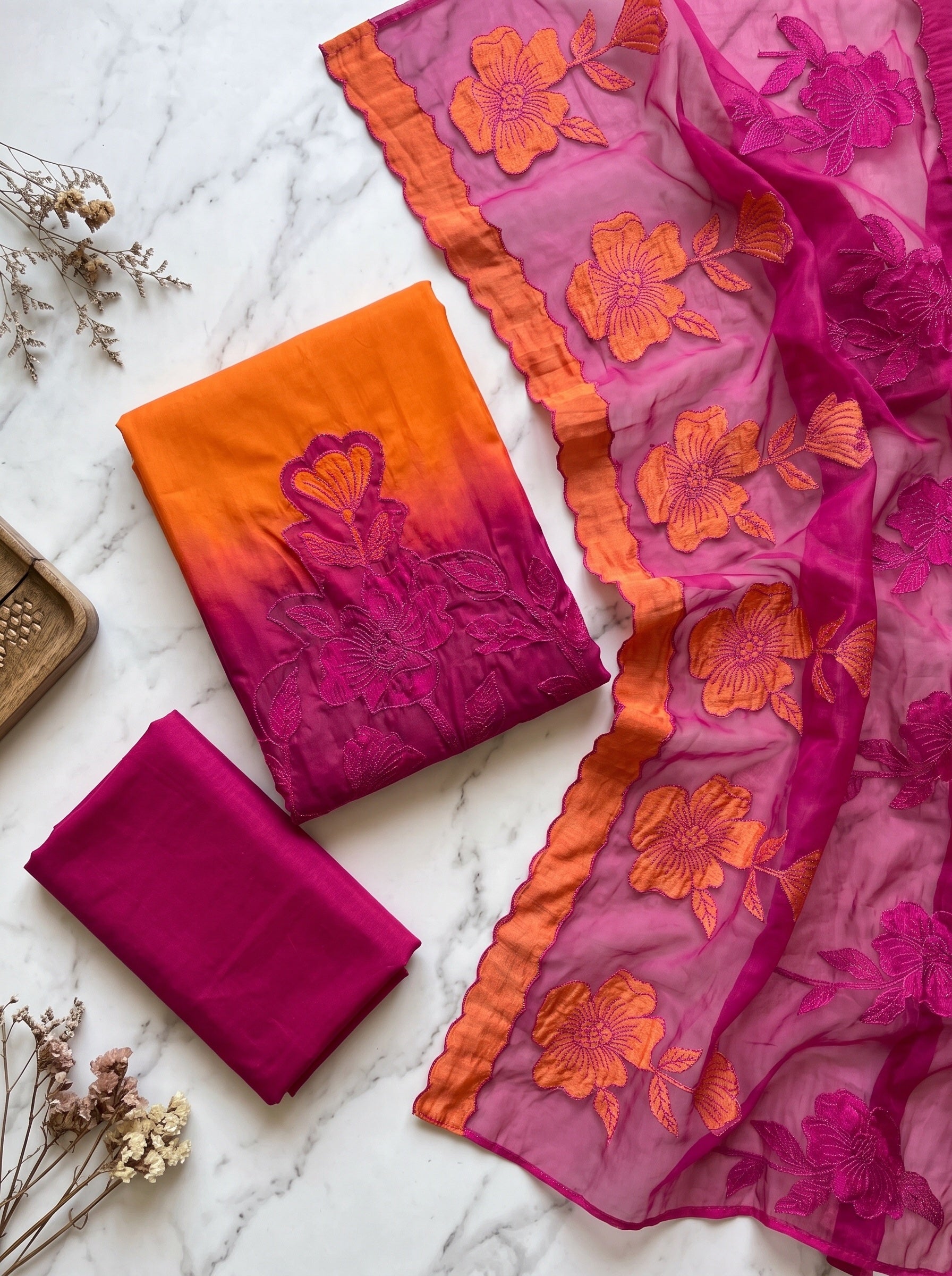 Orange Muslin Embroidered Unstitched 3-Piece Suit (Devri – D.No 13787)