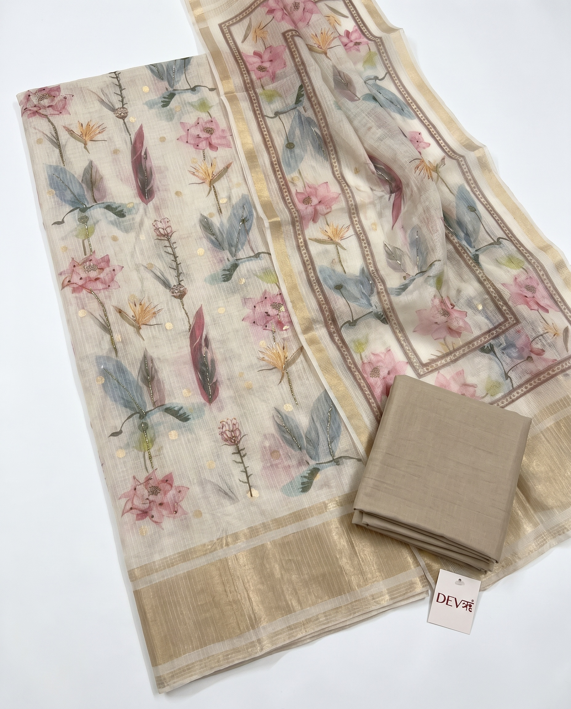 Beige Linen Cotton Floral Unstitched 3-Piece Suit (Devri – D.No 12595)