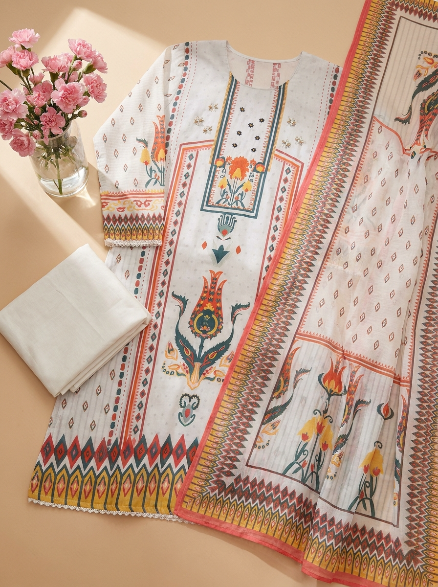 Off White Muslin Printed Unstitched 3-Piece Suit (Devri – D.No 12983)