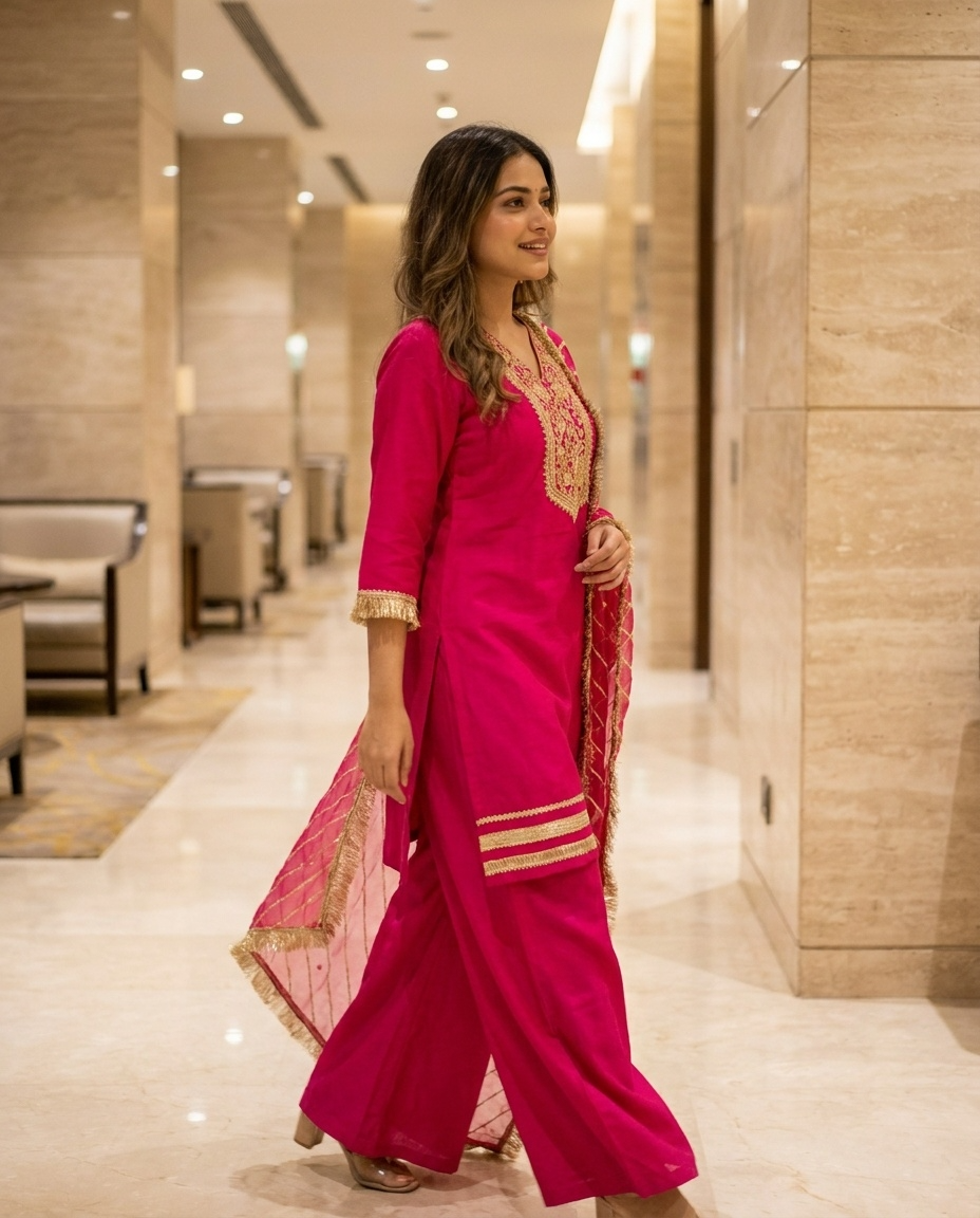 Gulnaar Pure organza silk Embroidered Pink 3-Piece Set (Devri – D.No 21098)