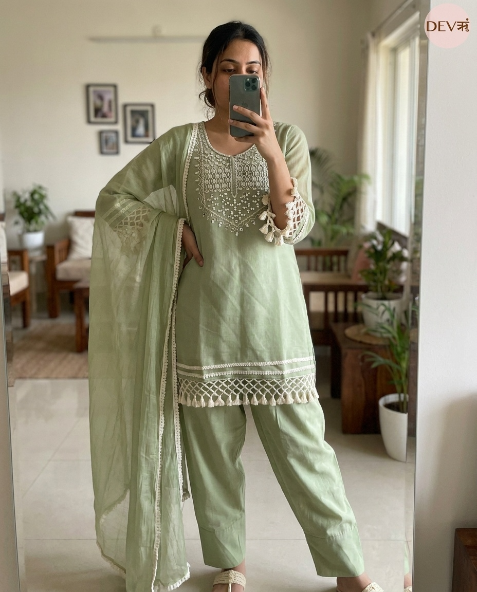 Gulnaar Mul chanderi Embroidered Sage Green 3-Piece Set (Devri – D.No 13446)