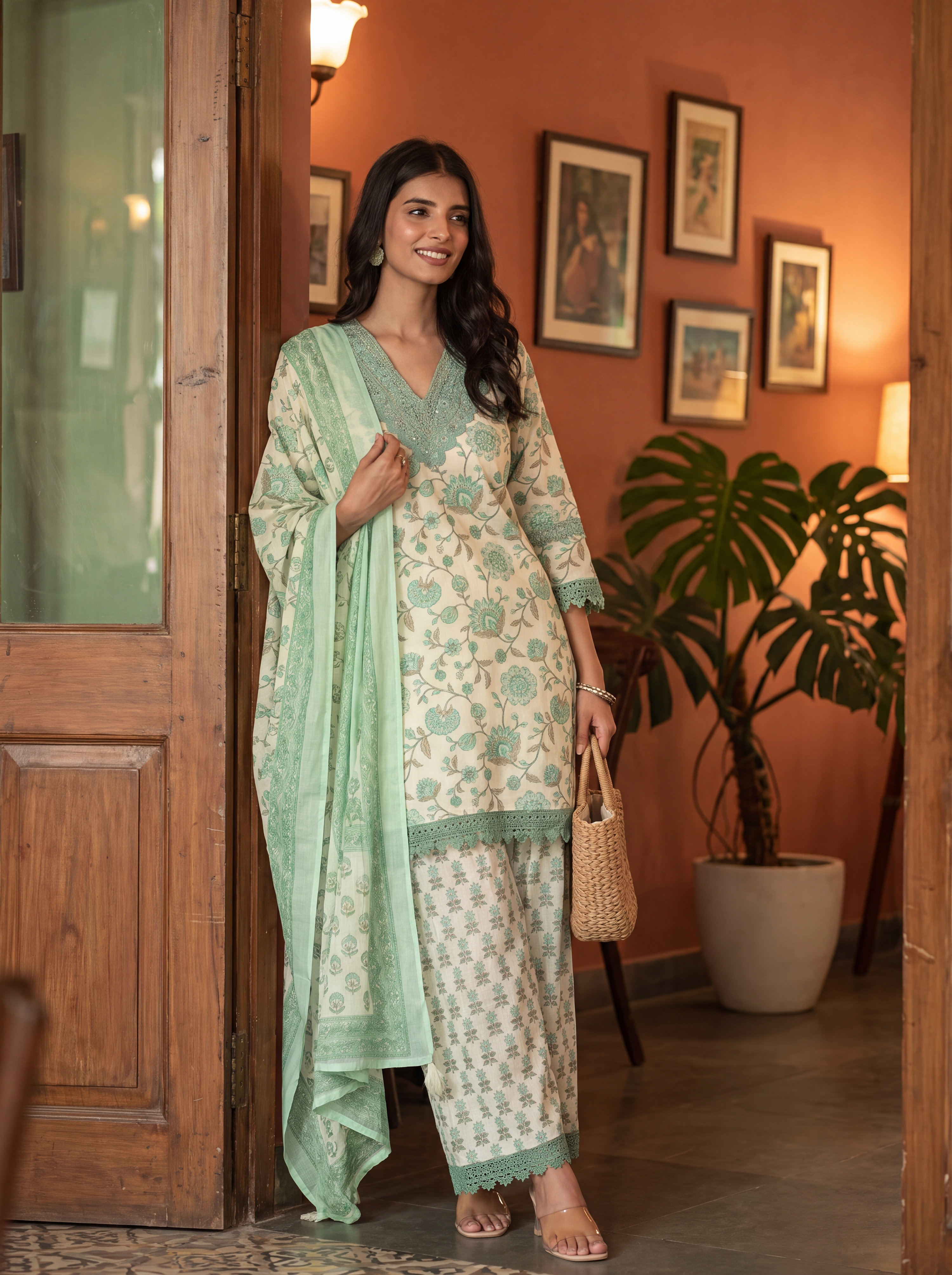 Gulnaar Pure Cotton Printed Mint Green 3-Piece Set (Devri – D.No 21071)