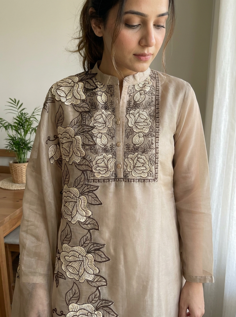 Beige Tissue Shimmer Embroidered Unstitched 3-Piece Suit (Devri – D.No 12332)
