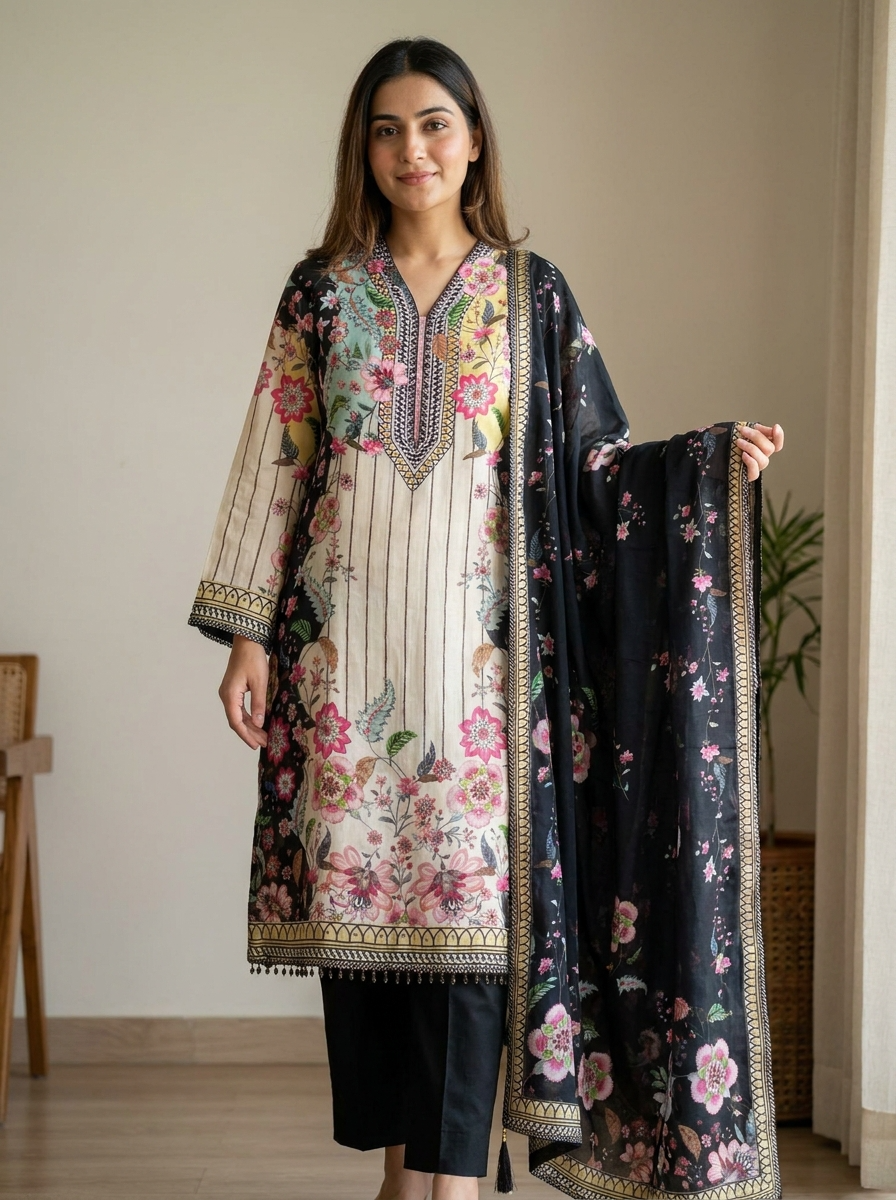 Multi Colour Organza Printed Semi stitched Hand Embroidered -Set Of 3 {11636}