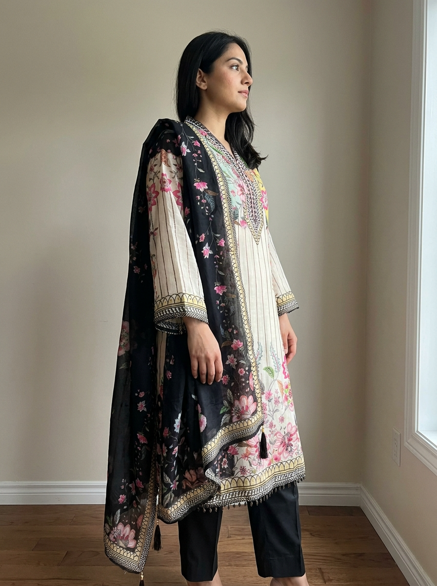 Multi Colour Organza Printed Semi stitched Hand Embroidered -Set Of 3 {11636}