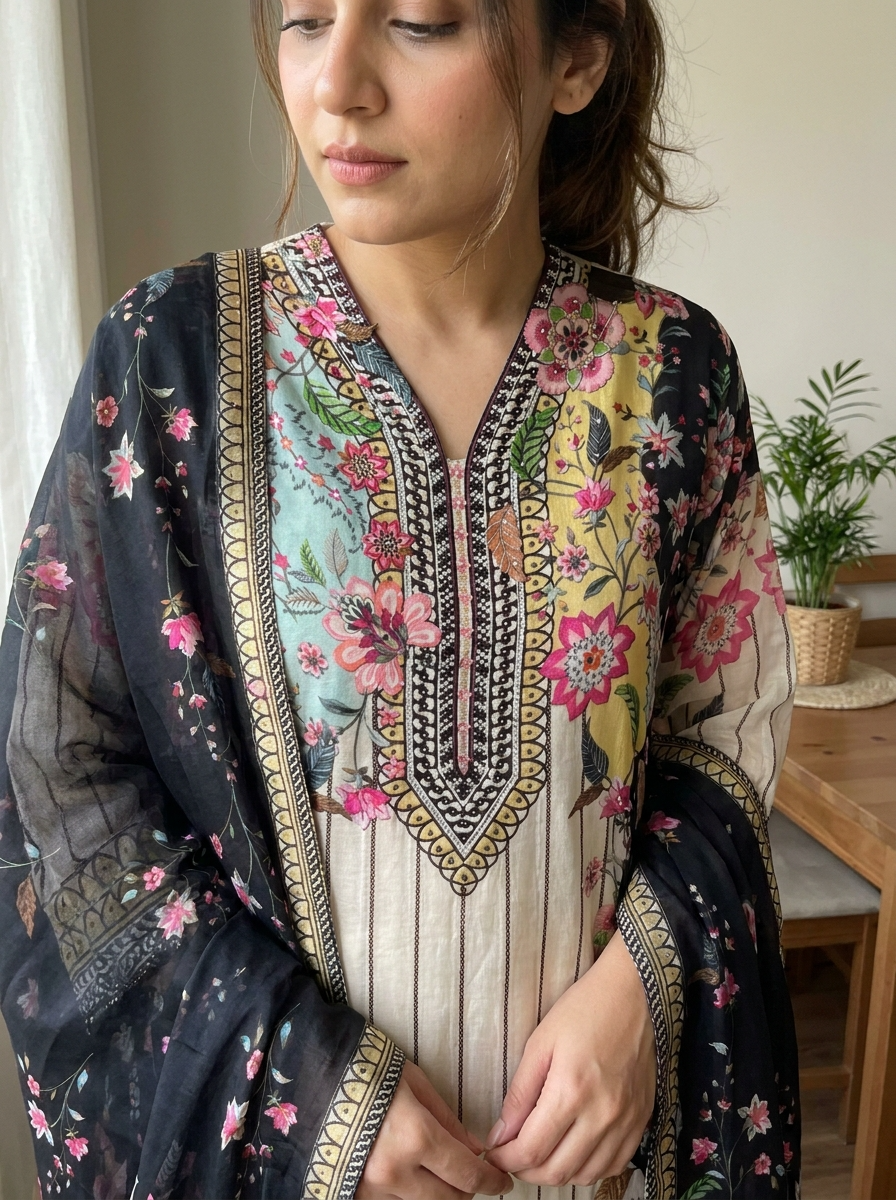 Multi Colour Organza Printed Semi stitched Hand Embroidered -Set Of 3 {11636}