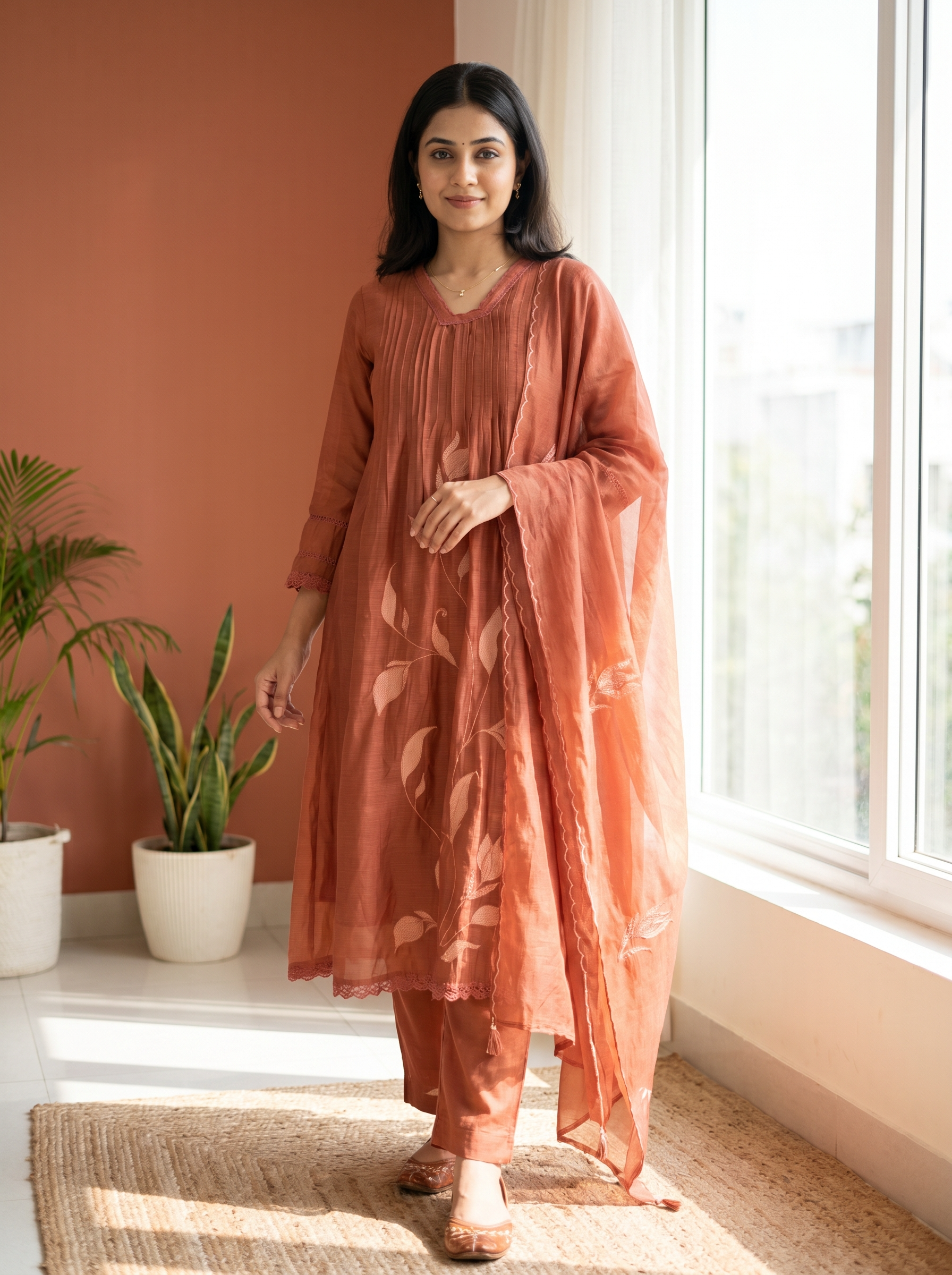 Gulnaar Mul cotton Embroidered Rust 3-Piece Set (Devri – D.No 21065)