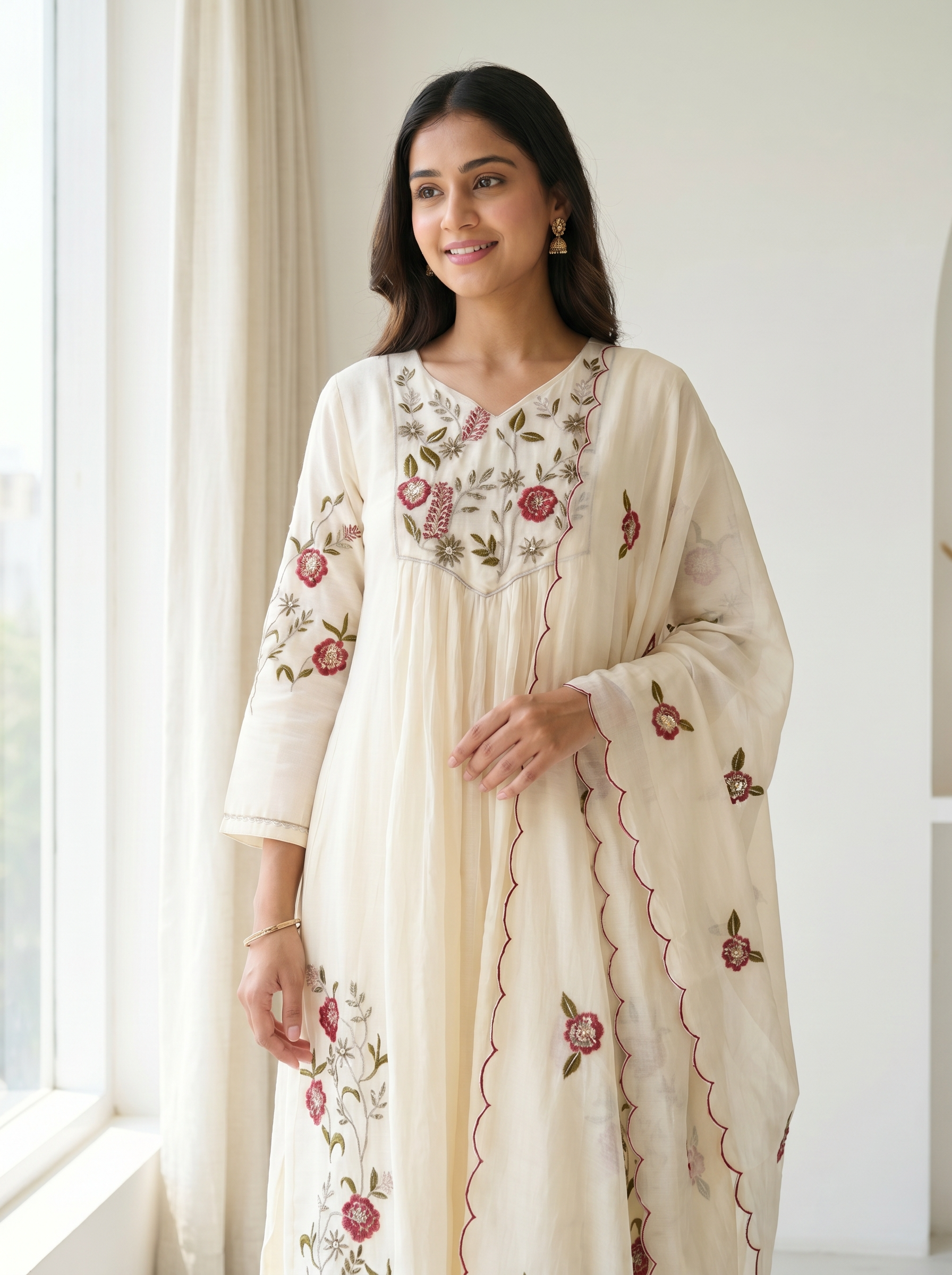 Gulnaar Mul Chanderi Embroidered Ivory 3-Piece Set (Devri – D.No 21066)