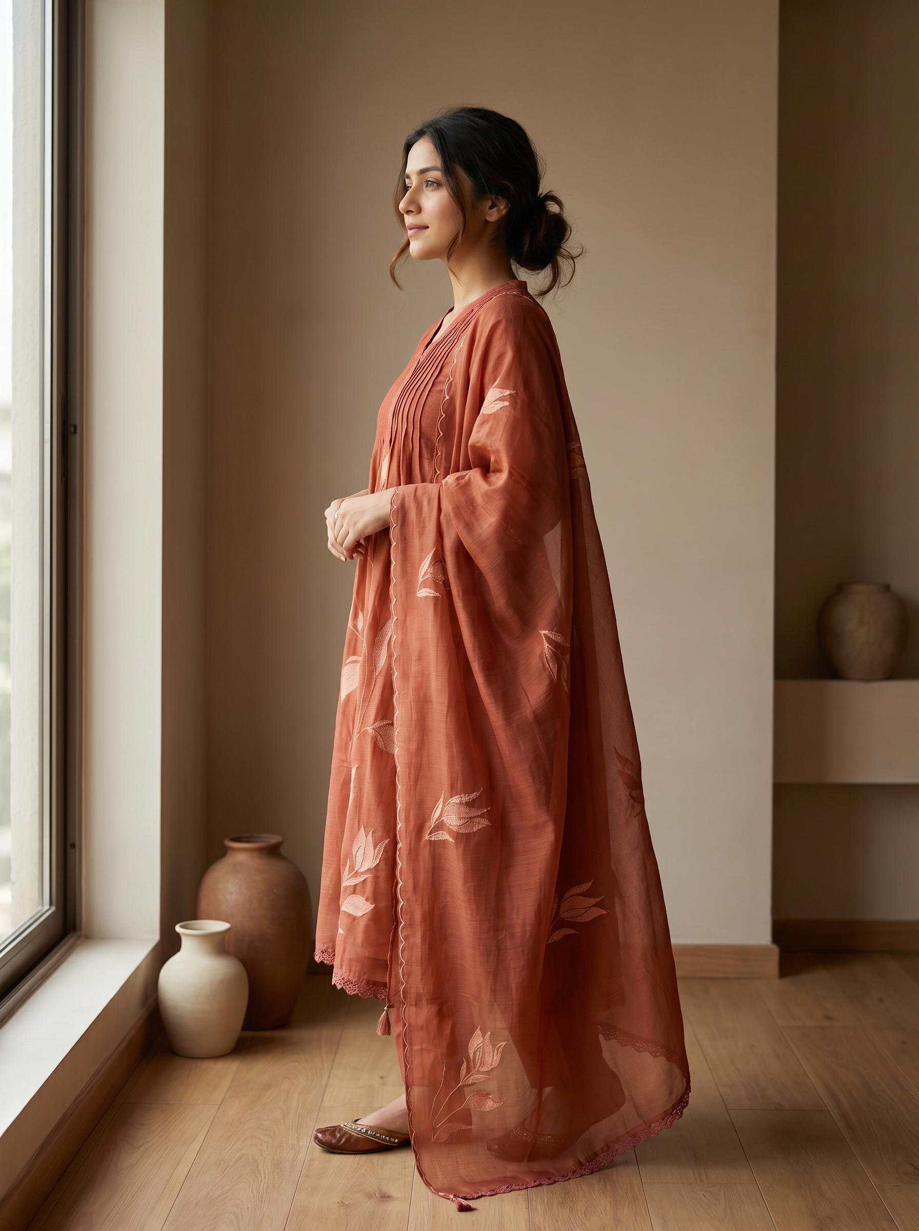 Gulnaar Mul cotton Embroidered Rust 3-Piece Set (Devri – D.No 21065)