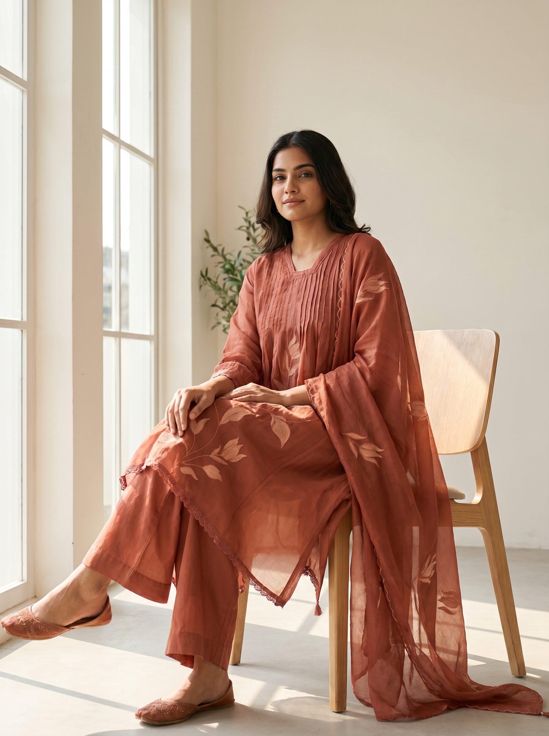 Gulnaar Mul cotton Embroidered Rust 3-Piece Set (Devri – D.No 21065)