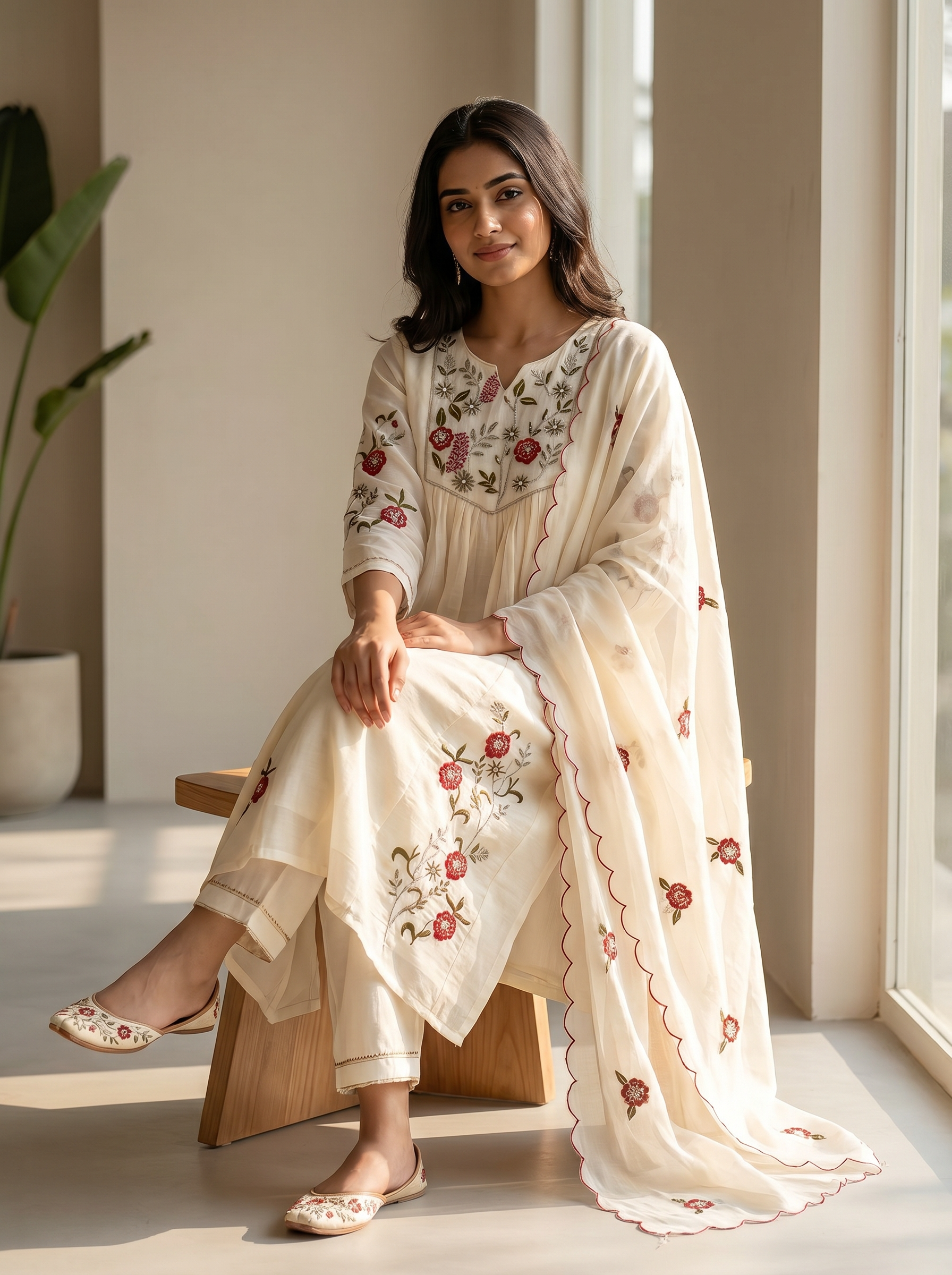 Gulnaar Mul Chanderi Embroidered Ivory 3-Piece Set (Devri – D.No 21066)
