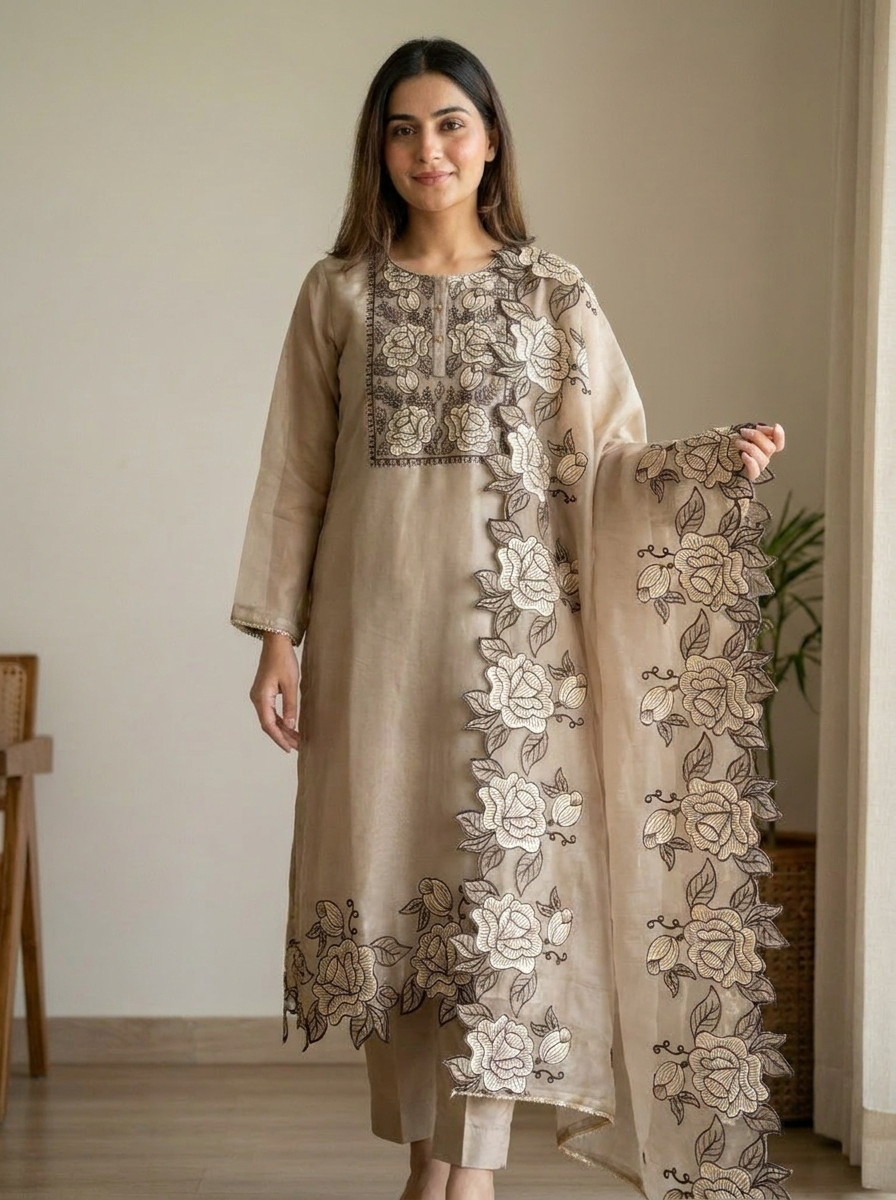 Beige Tissue Shimmer Embroidered Unstitched 3-Piece Suit (Devri – D.No 12332)