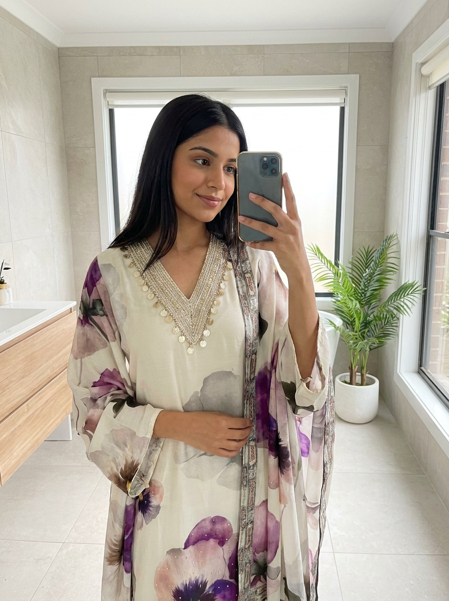 White Muslin Printed Semi Stitched Hand Embroidered -Set Of 3 {11097}