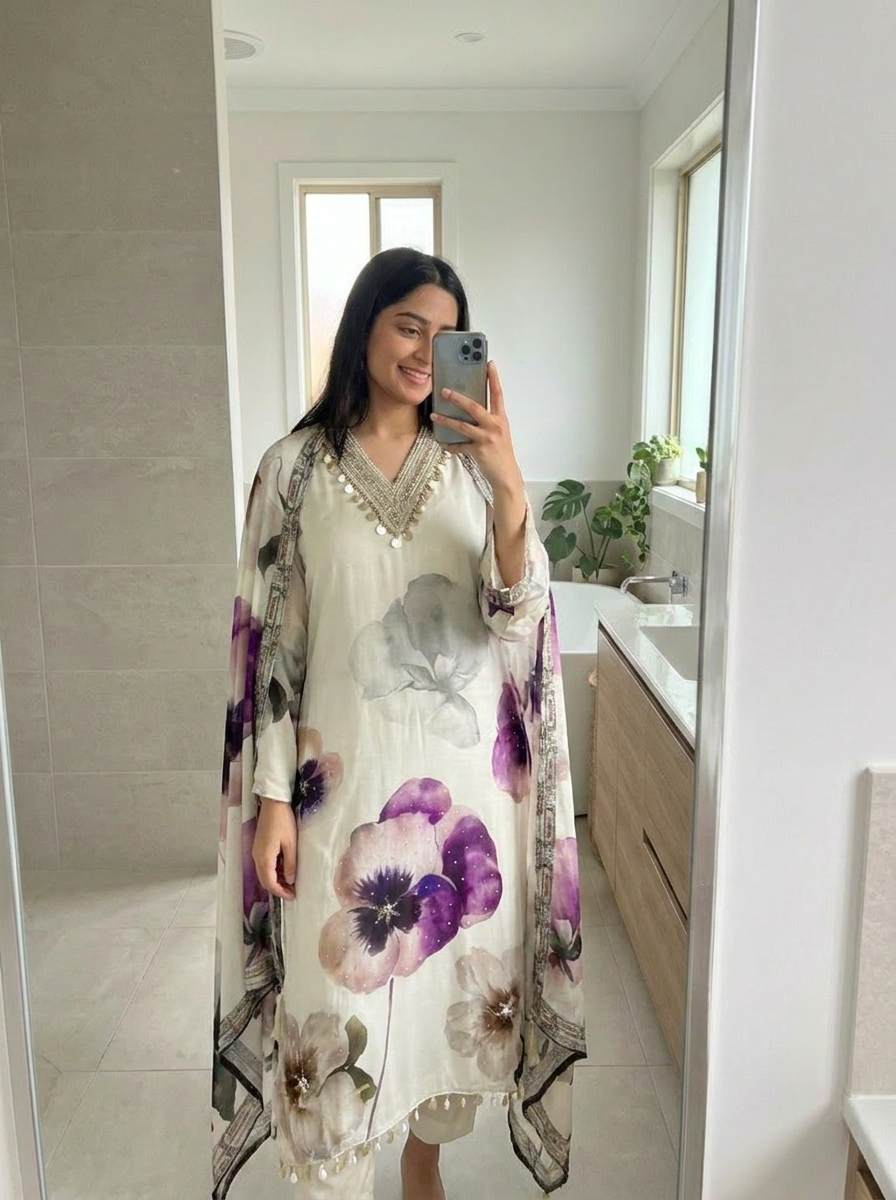 White Muslin Printed Semi Stitched Hand Embroidered -Set Of 3 {11097}