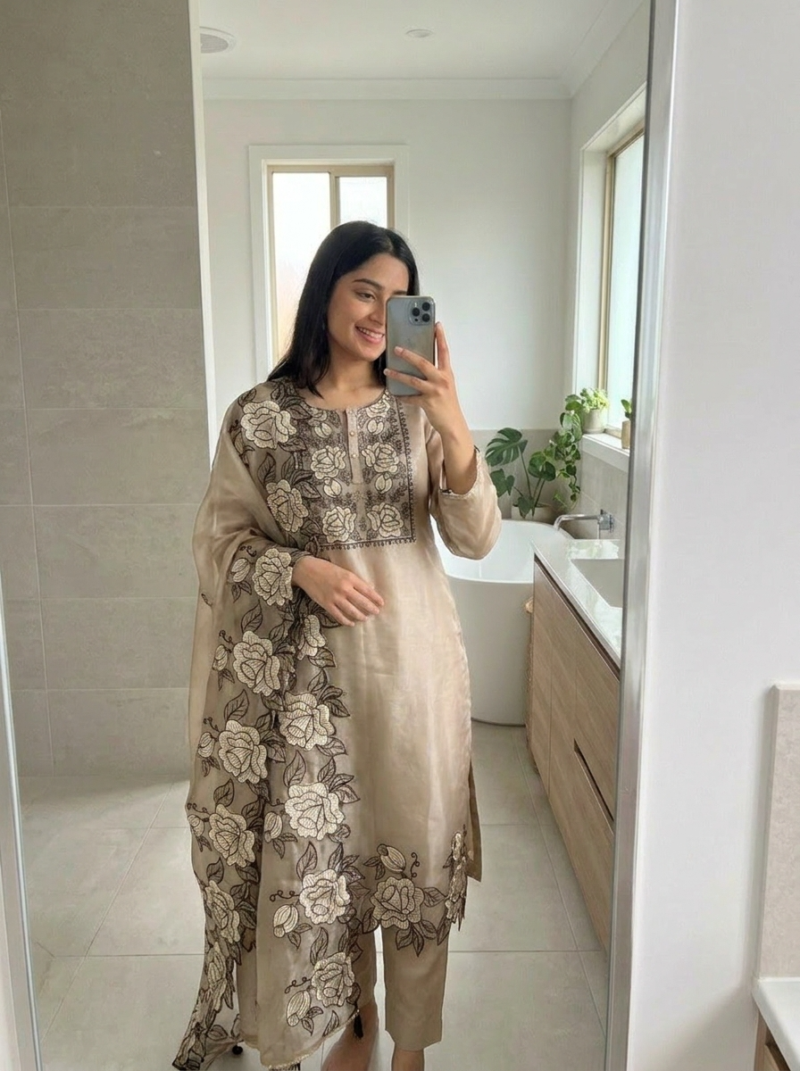Beige Tissue Shimmer Embroidered Unstitched 3-Piece Suit (Devri – D.No 12332)