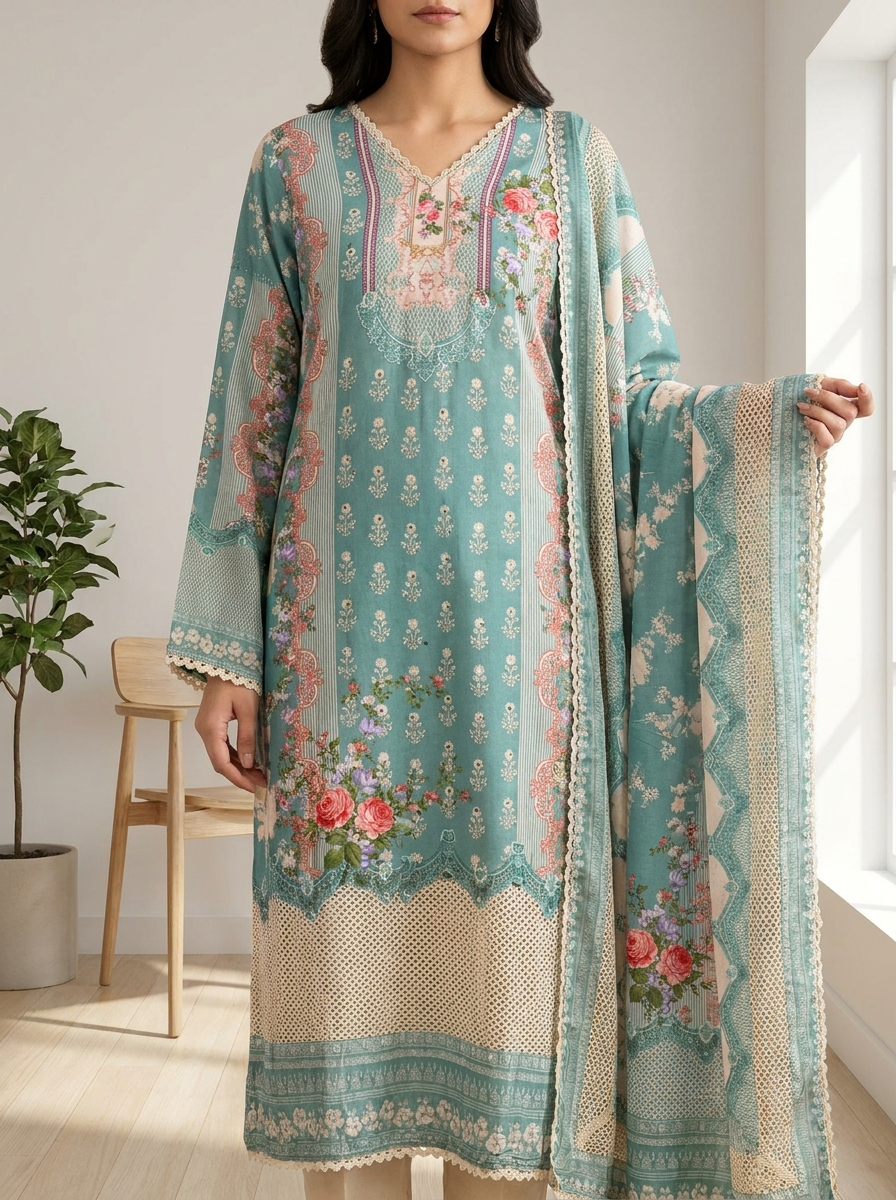Green Muslin Printed Semi Stitched Hand Embroidered -Set Of 3 {11571}