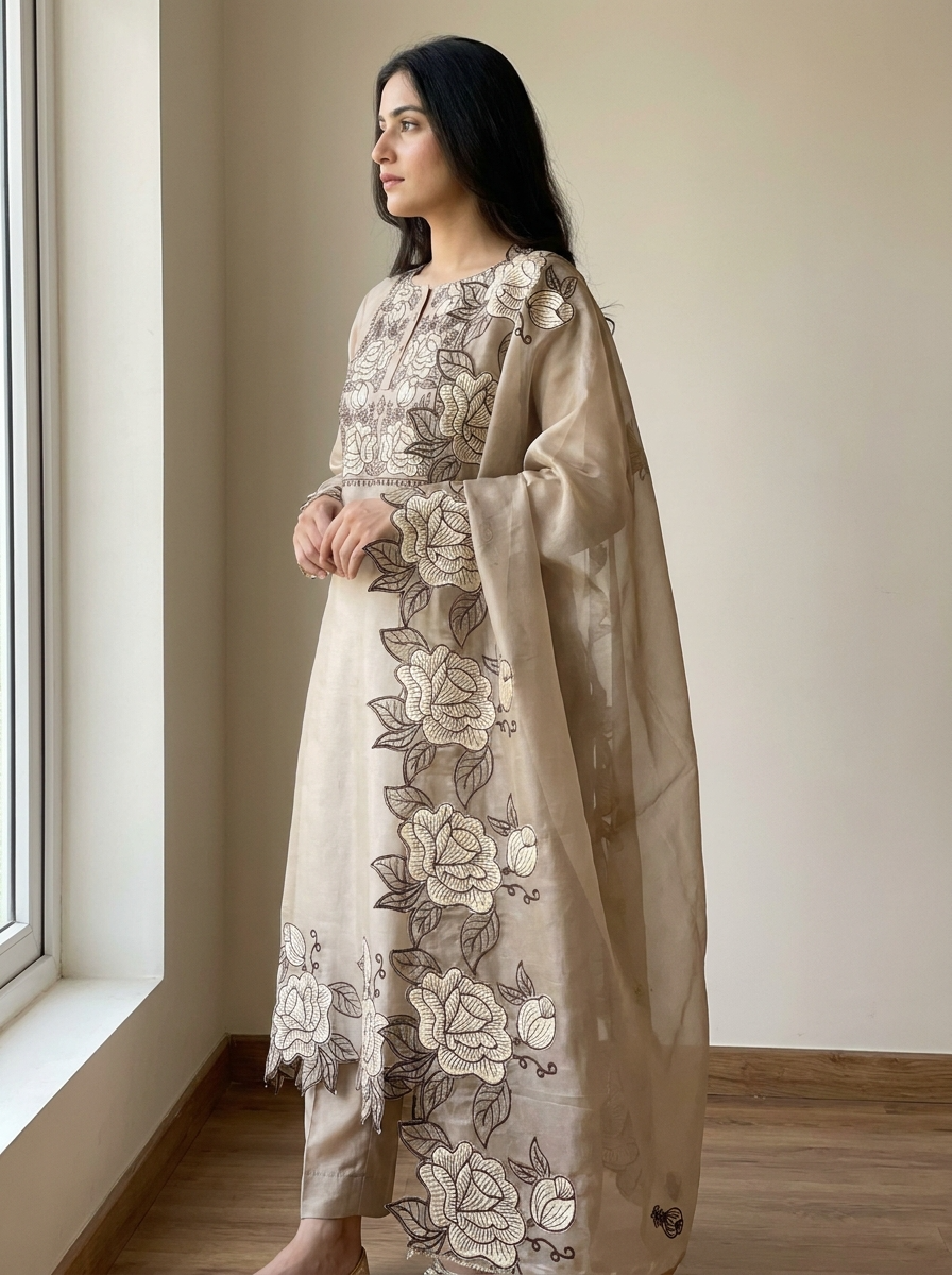 Beige Tissue Shimmer Embroidered Unstitched 3-Piece Suit (Devri – D.No 12332)
