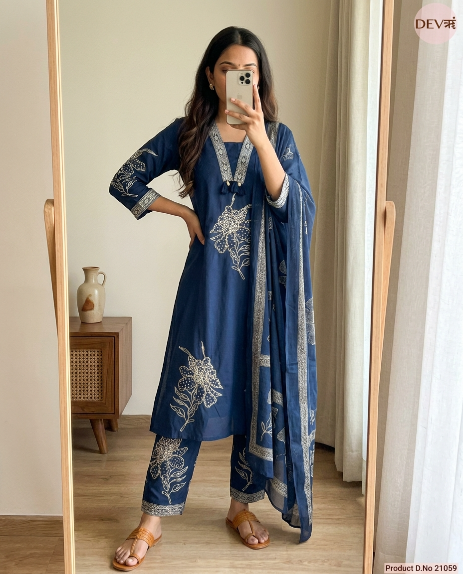 Neelambari Cotton Slub Printed Navy Blue 3-Piece Set (Devri – D.No 21059)