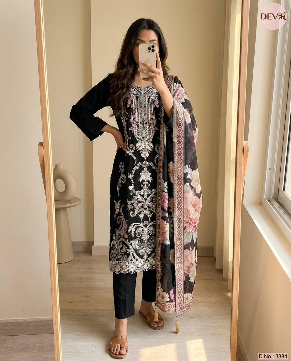 Meher Pure Mul Cotton Embroidered Black 3-Piece Set (Devri – D.No 13384)