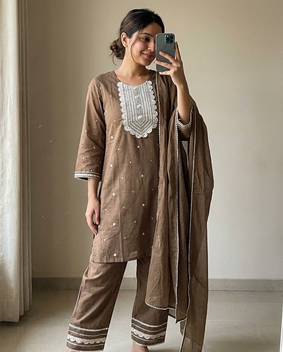 Zarmina Pure mul cotton Embroidered Brown 3-Piece Set (Devri – D.No 21188)
