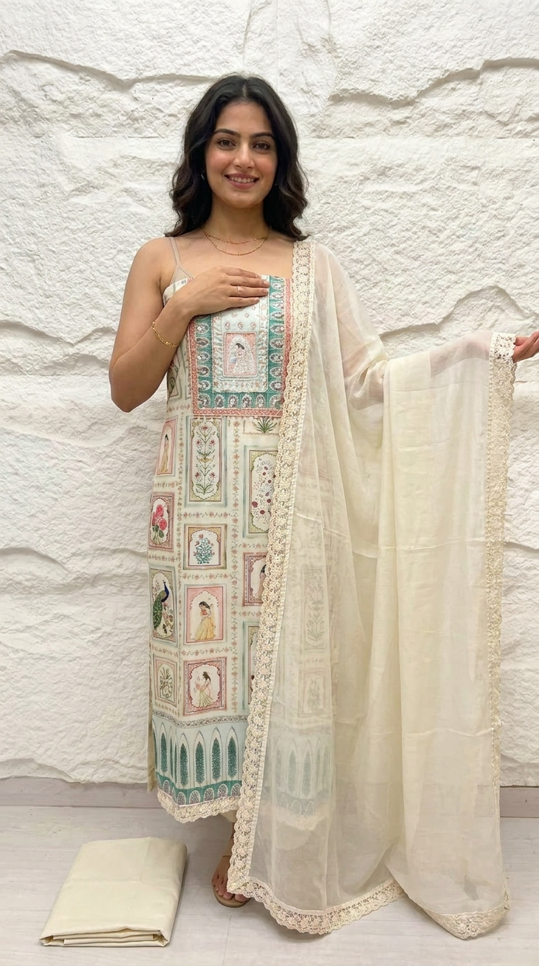 Cream Muslin Printed Unstitched 3-Piece Suit (Devri – D.No 13075)