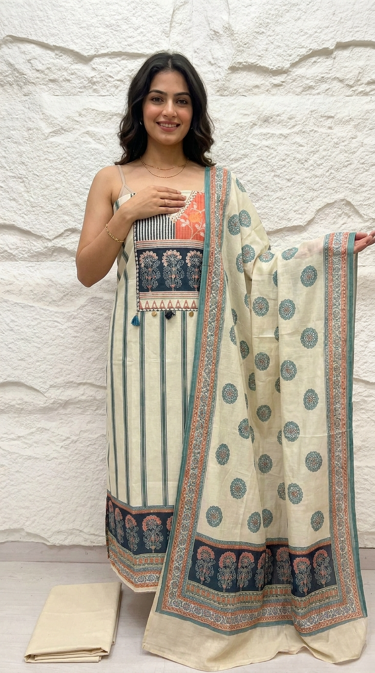 Cream Muslin Printed Unstitched 3-Piece Suit (Devri – D.No 12968)