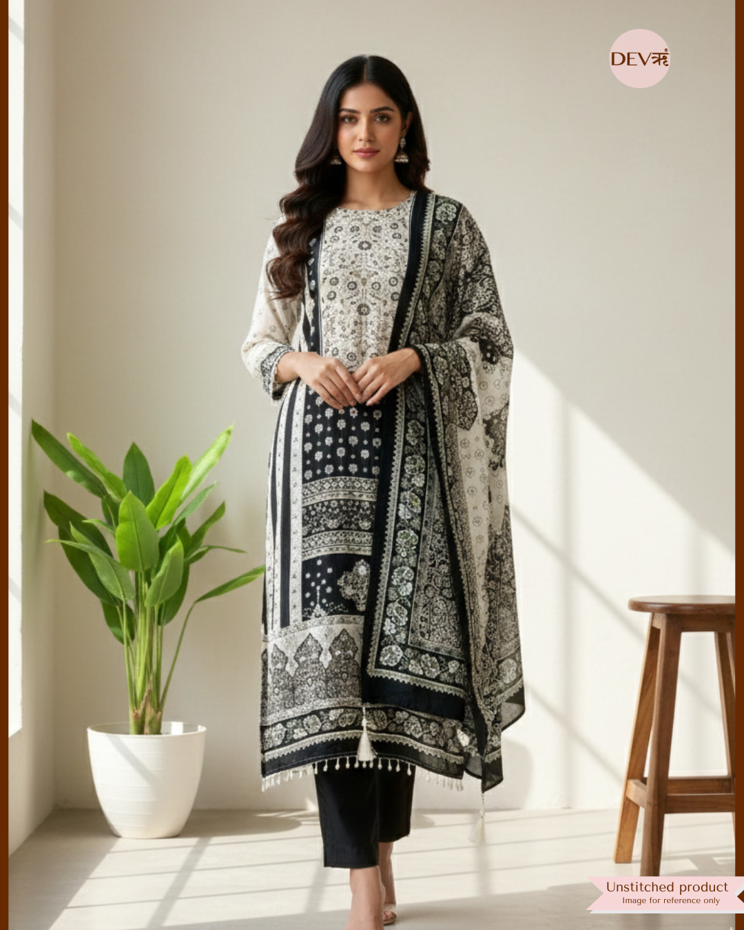 Black Muslin Printed Unstitched 3-Piece Suit (Devri – D.No 12375)