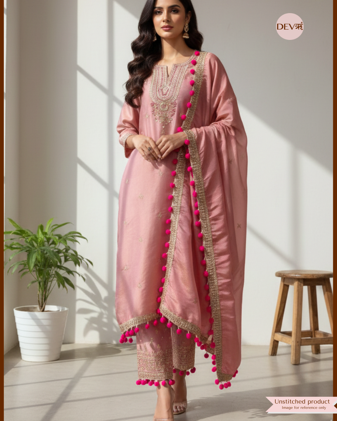 Dusty Rose Shimmer Silk Embellished Unstitched 3-Piece Suit (Devri – D.No 12371)