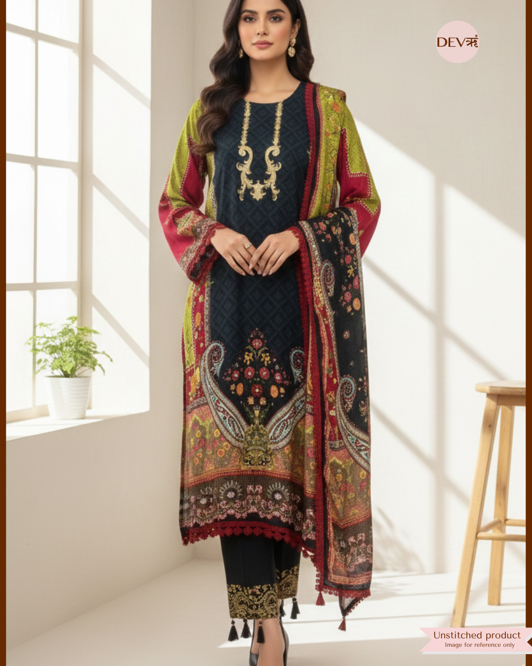 Deep Teal Muslin Printed Unstitched 3-Piece Suit (Devri – D.No 12346)