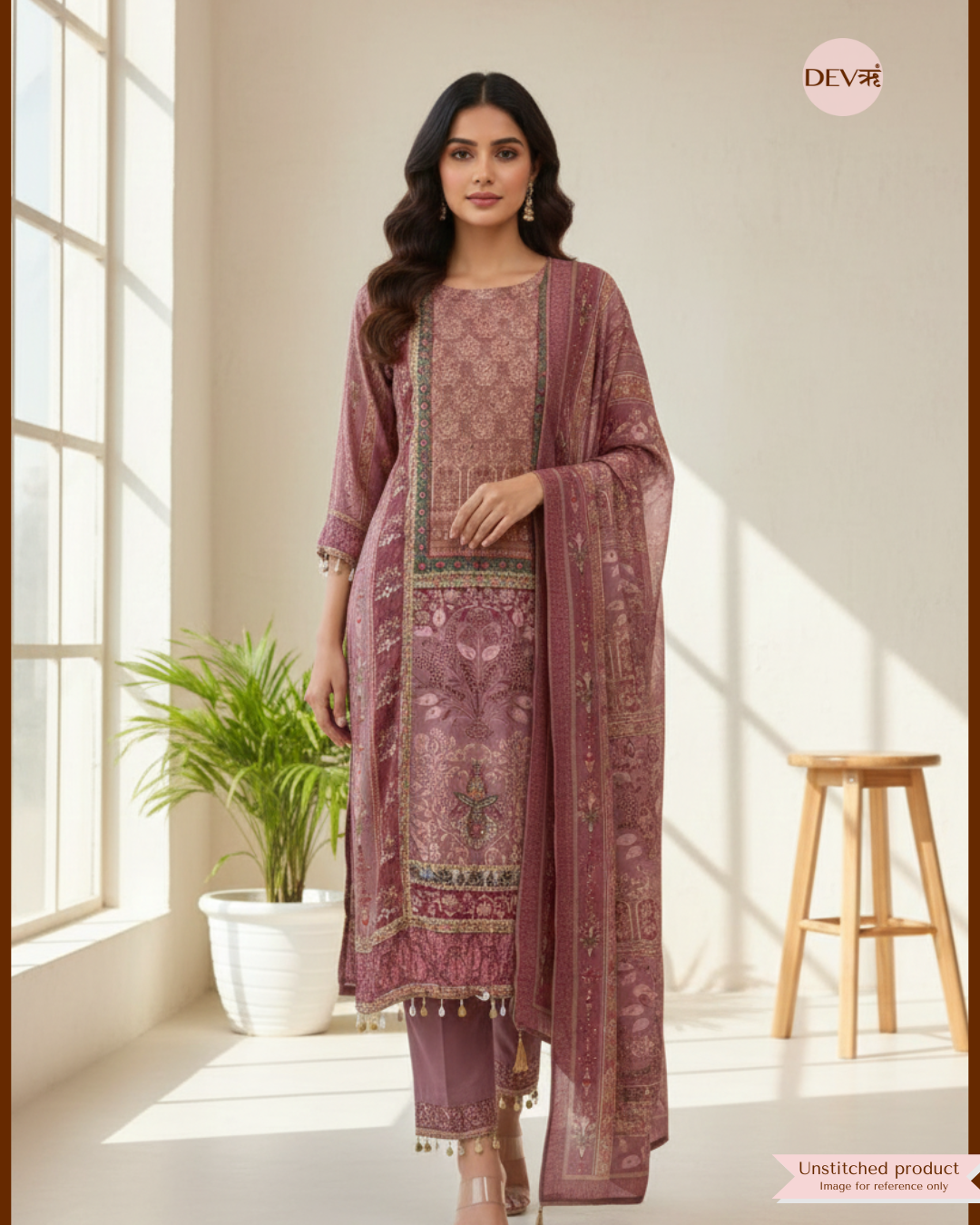 Gulnaar  rose tone Muslin Printed 3-Piece Set (Devri – D.No 2018)