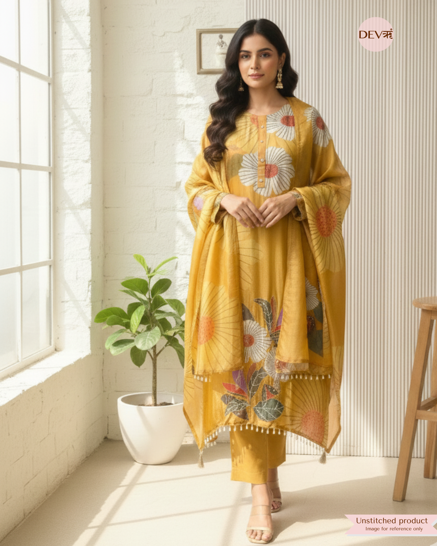Mustard Yellow Shimmer Silk Printed Unstitched 3-Piece Suit (Devri – D.No 12355)