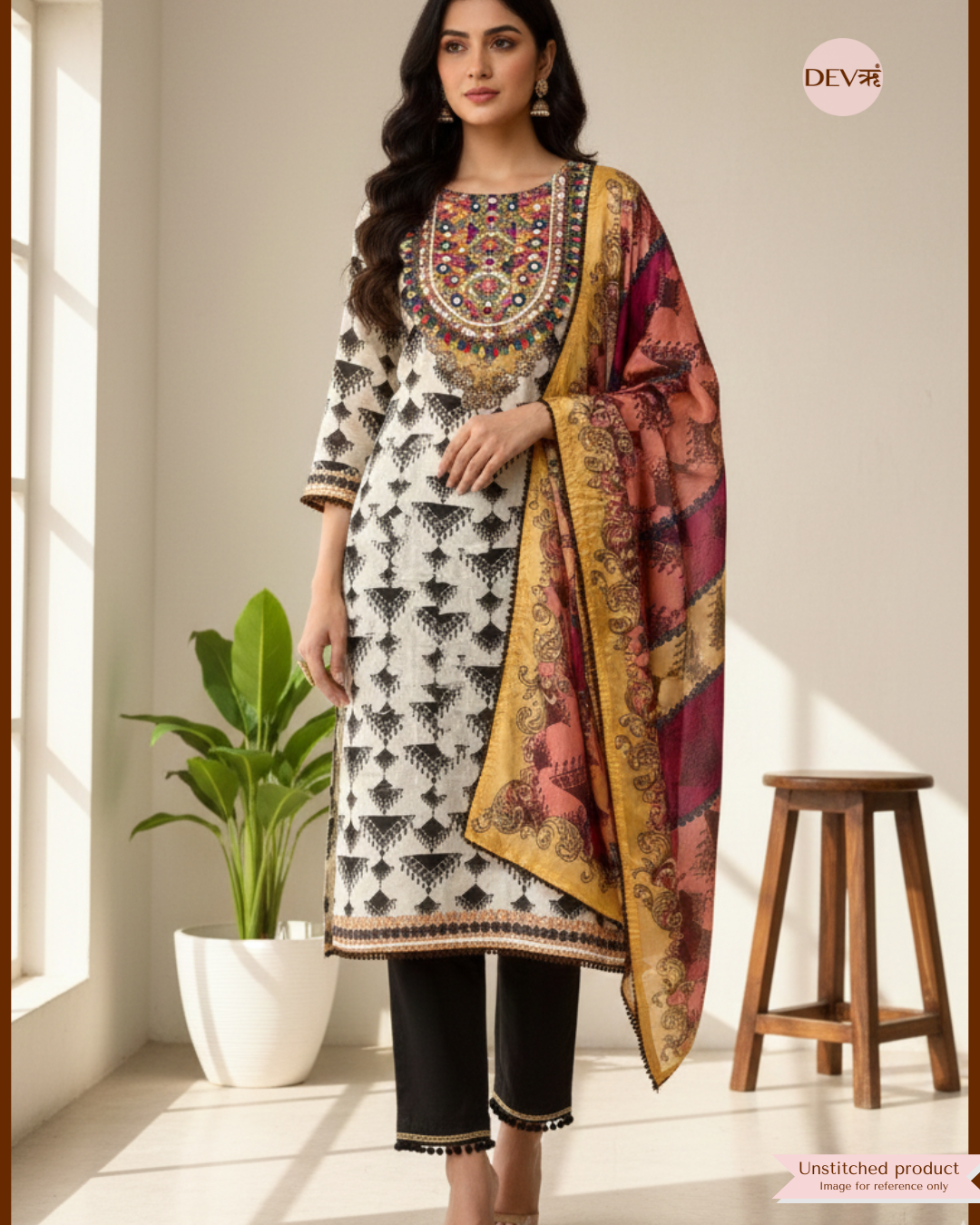 Ivory Multicolour Organza Silk Printed Unstitched 3-Piece Suit (Devri – D.No 12362)