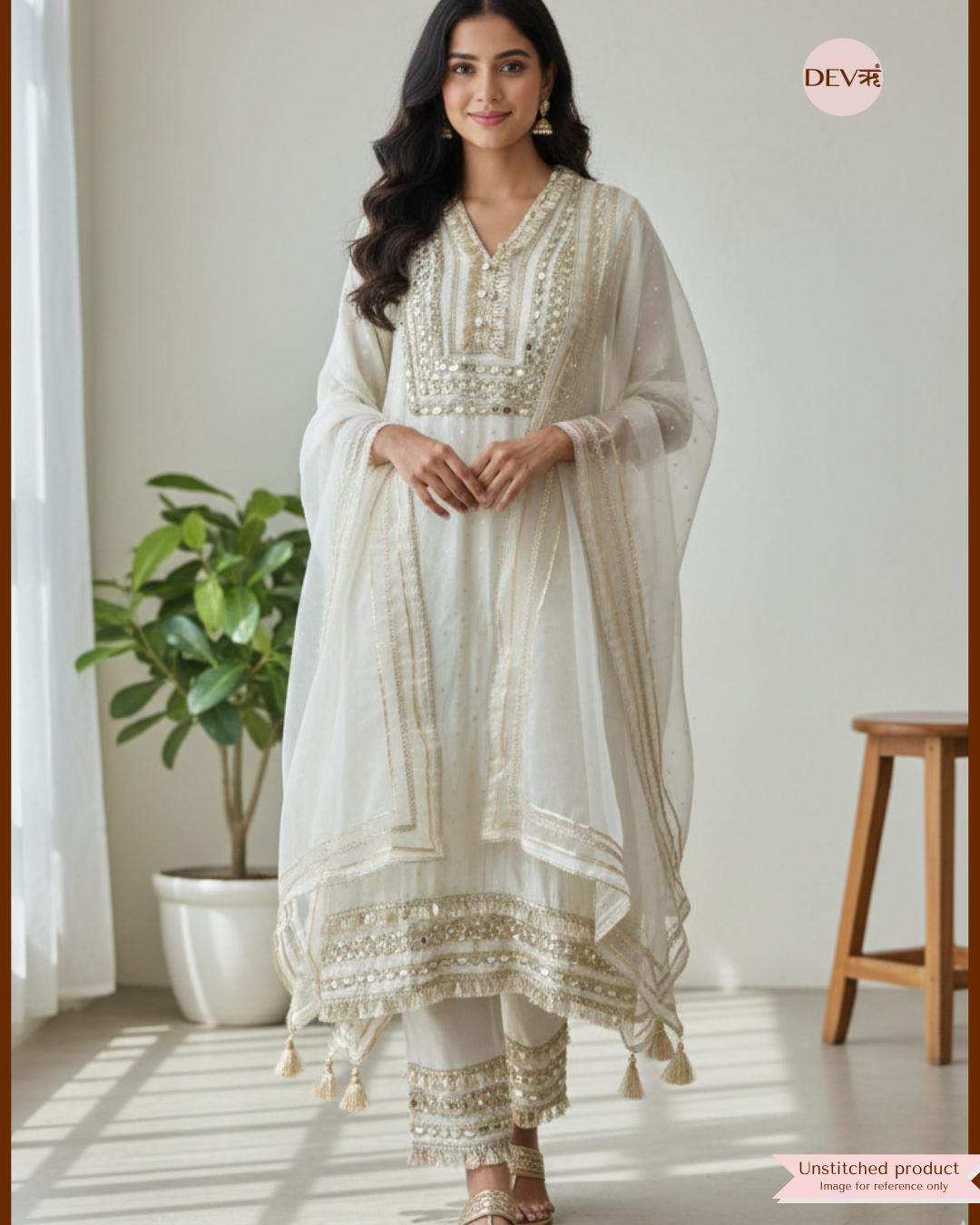 Ivory Shimmer Silk Embroidered Unstitched 3-Piece Suit (Devri – D.No 12359)
