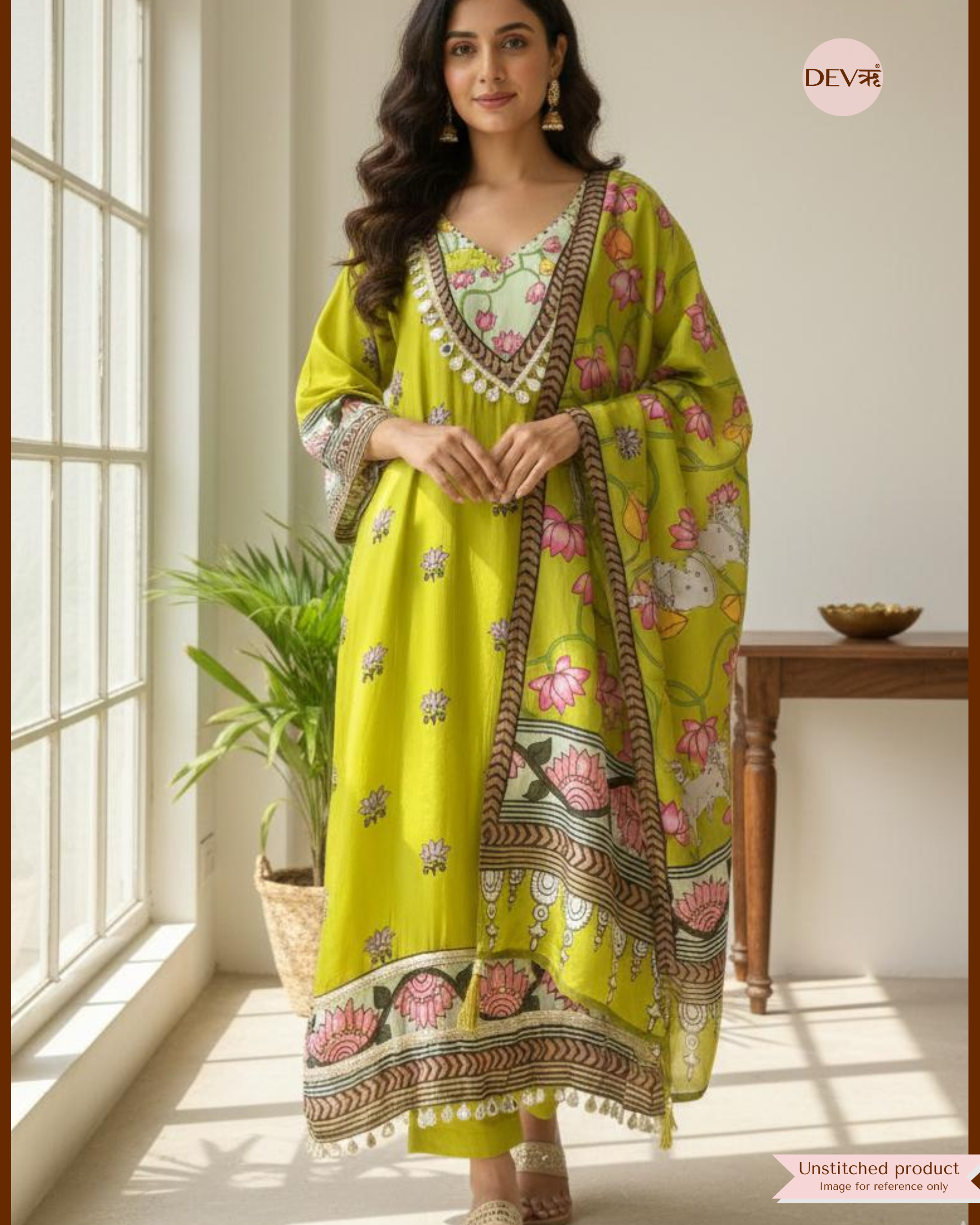 Lime Green Organza Silk Printed Unstitched 3-Piece Suit (Devri – D.No 12330)