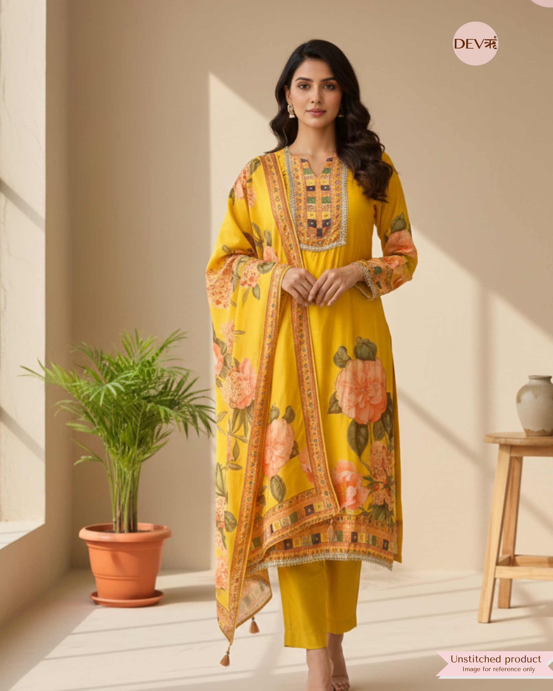 Yellow Pure Muslin Printed Unstitched 3-Piece Suit (Devri – D.No 12242)