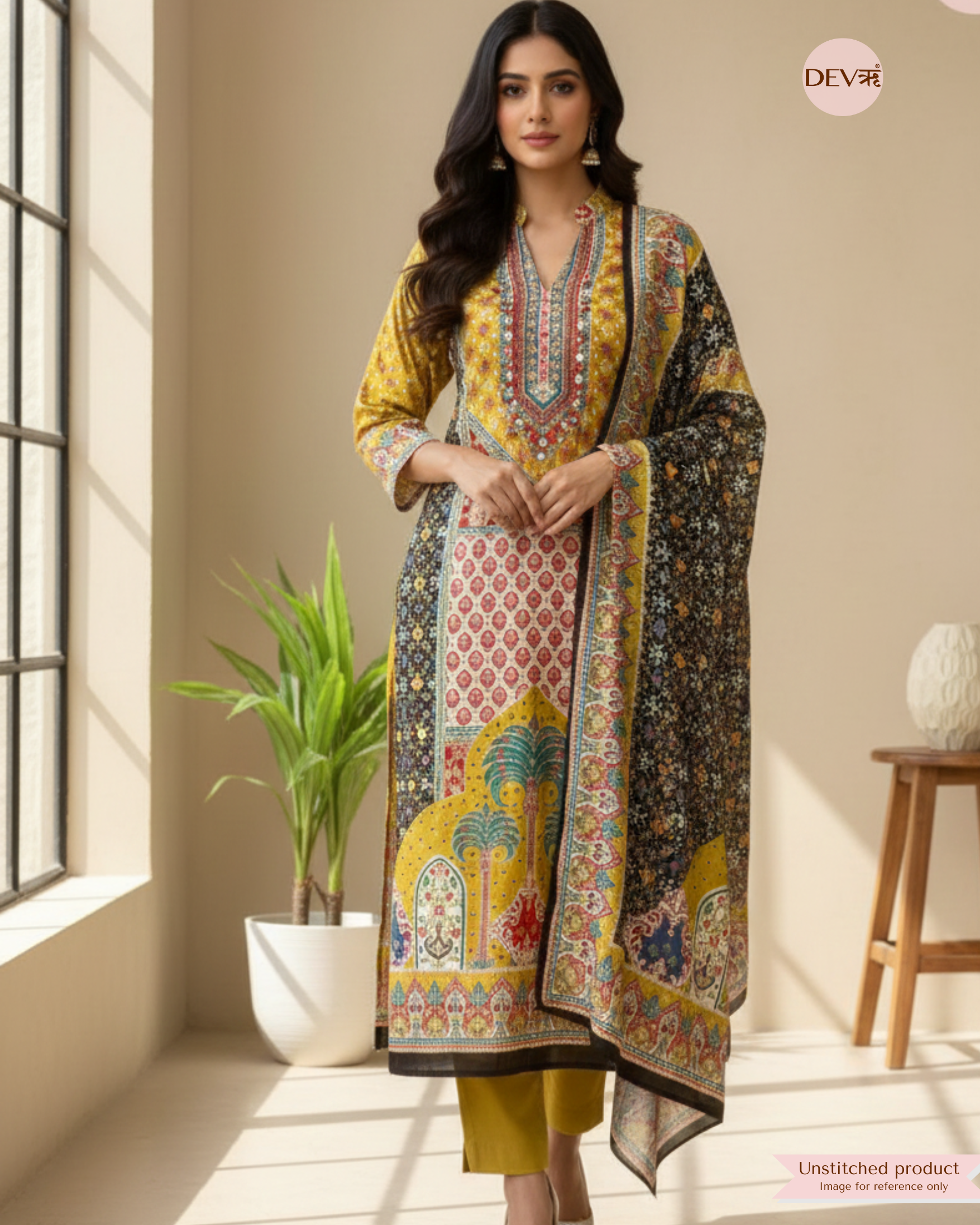 Multicolour Pure Muslin Printed Unstitched 3-Piece Suit (Devri – D.No 12229)