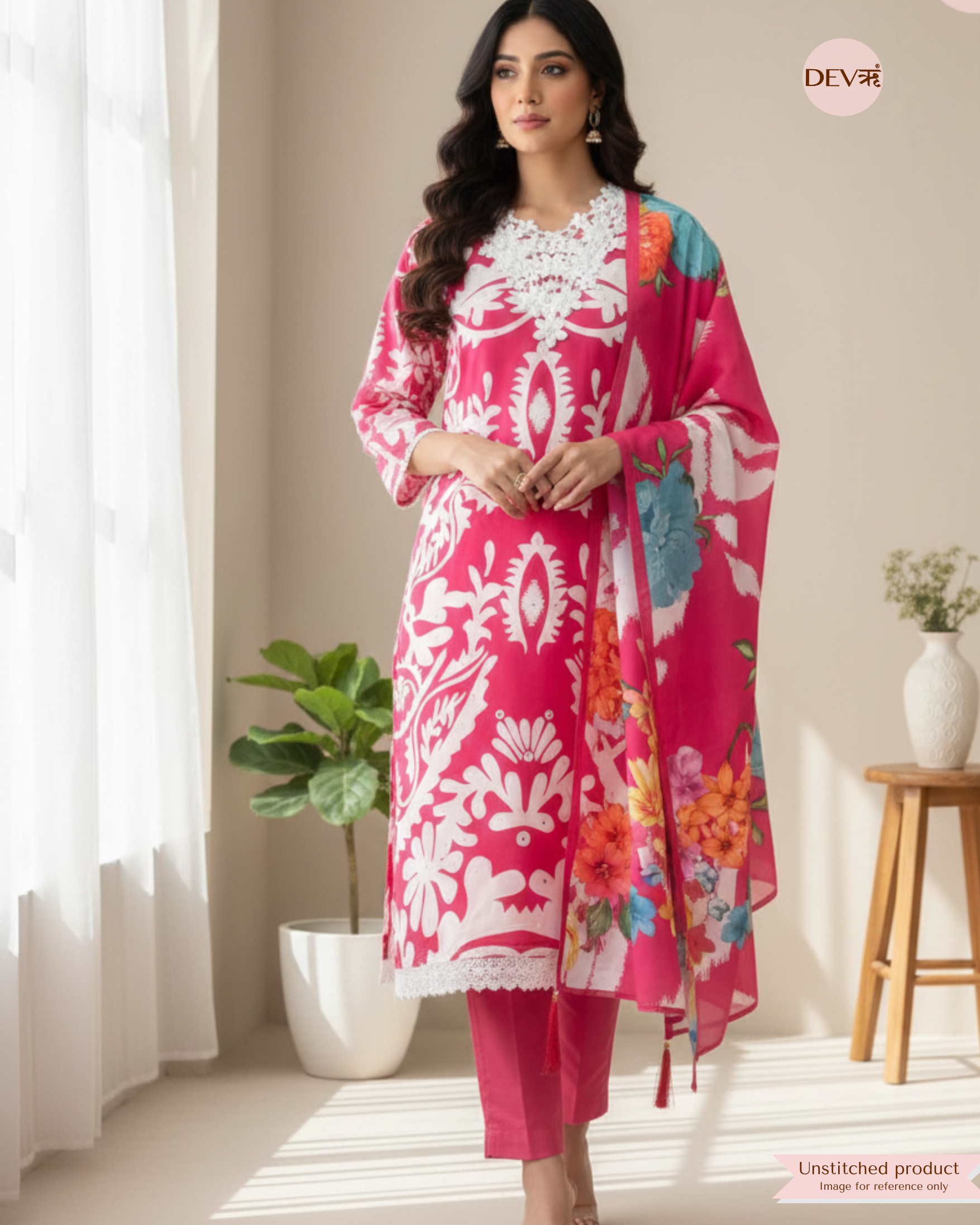 Pink Muslin Printed Unstitched 3-Piece Suit (Devri – D.No 12202)