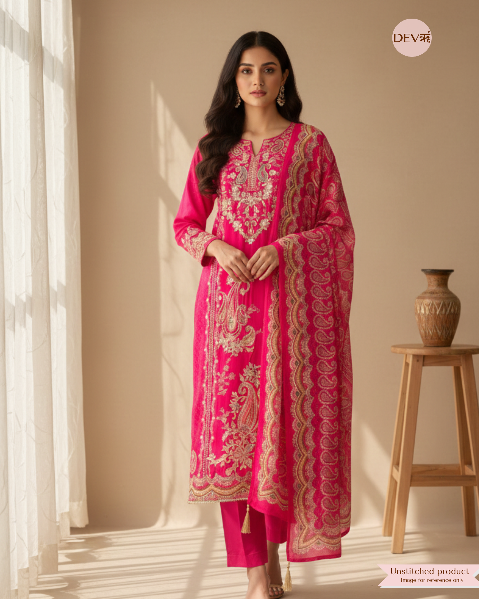 Fuchsia Pure Crepe Embroidered Unstitched 3-Piece Suit (Devri – D.No 12259)