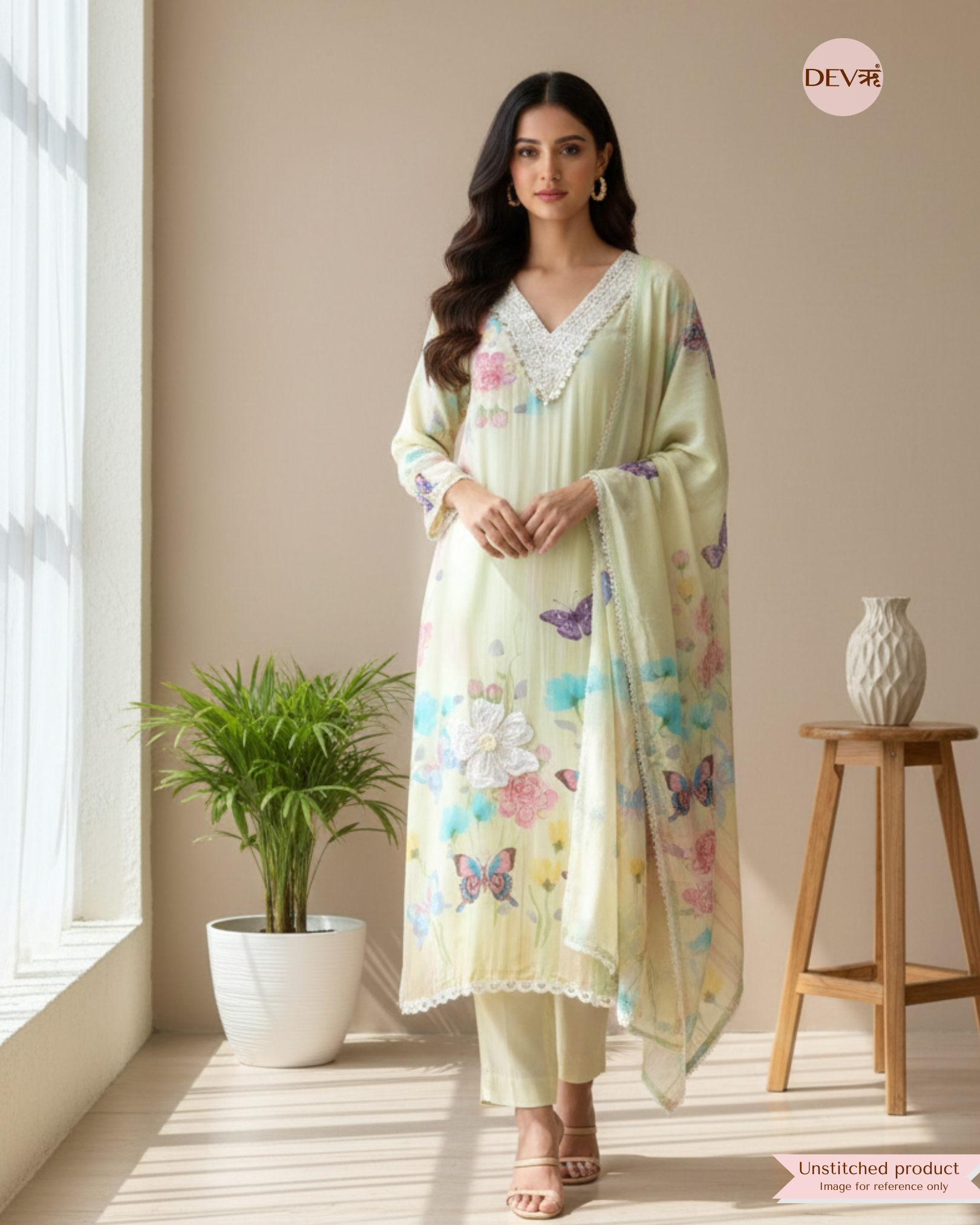 Pastel Yellow Mul Chanderi Printed Unstitched 3-Piece Suit (Devri – D.No 12222)