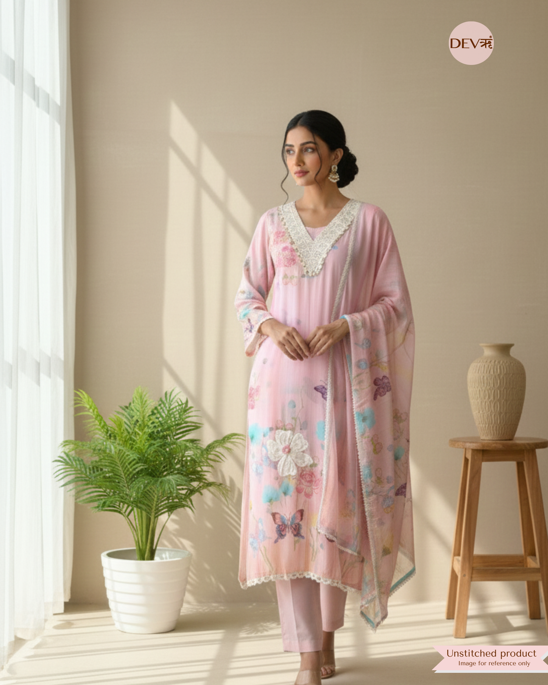 Soft Pink Mul Chanderi Butterfly Printed Unstitched 3-Piece Suit (Devri – D.No 12223)