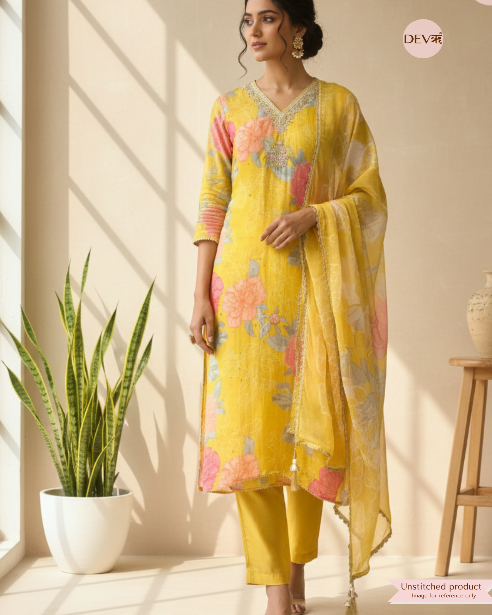 Sunlit Yellow Glass Organza Floral Unstitched 3-Piece Suit (Devri – D.No 11584)
